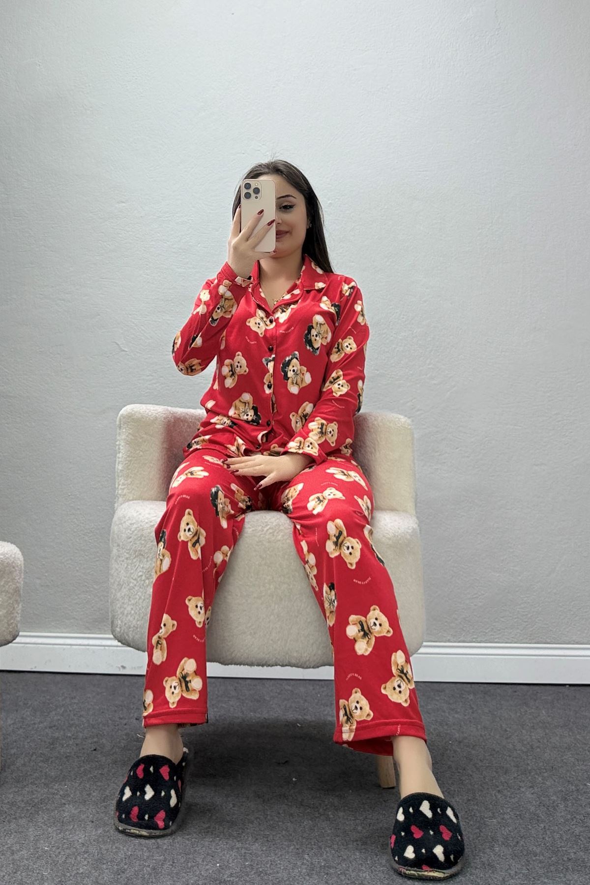 Süet Düğmeli Pijama Takımı Kırmızıbej - 55014.1048.