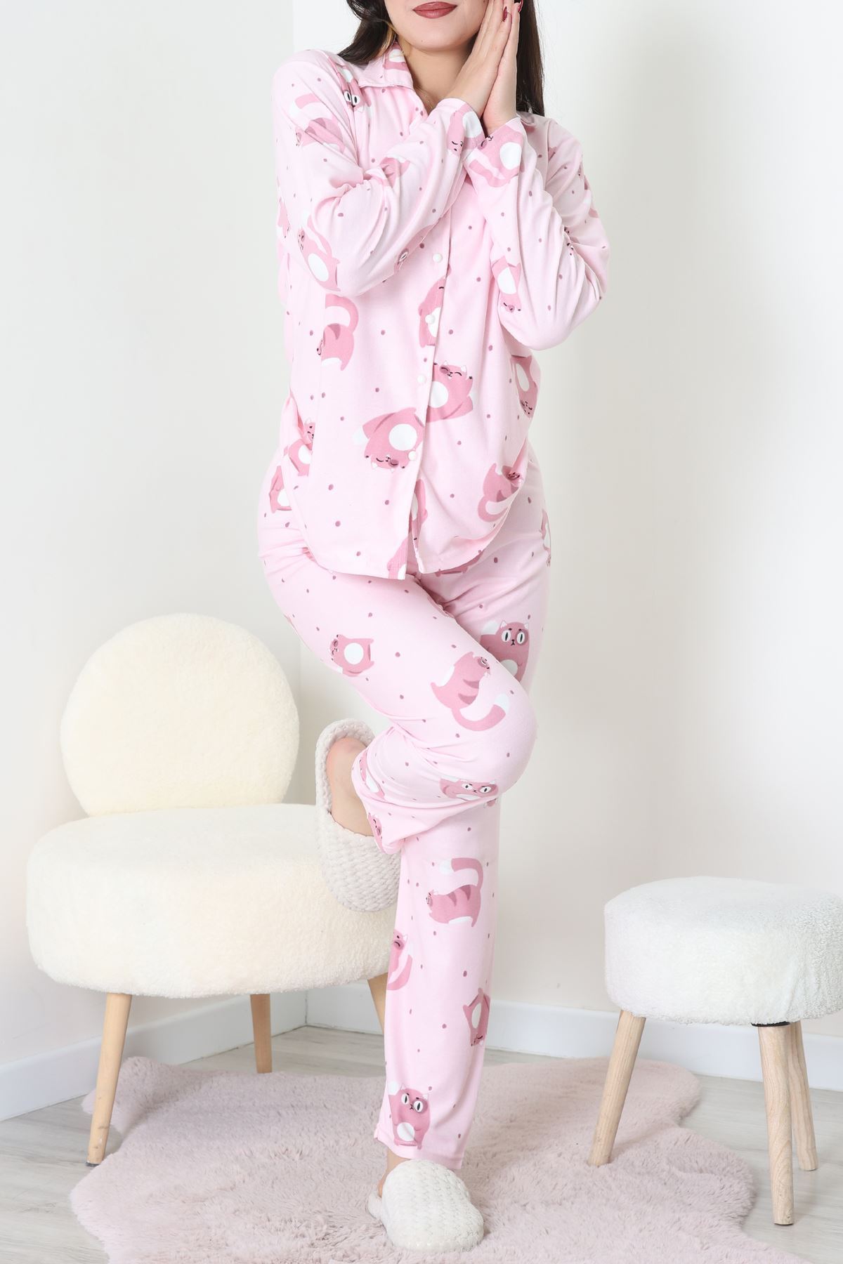 Süet Düğmeli Pijama Takımı Pembe - 31876.1049.