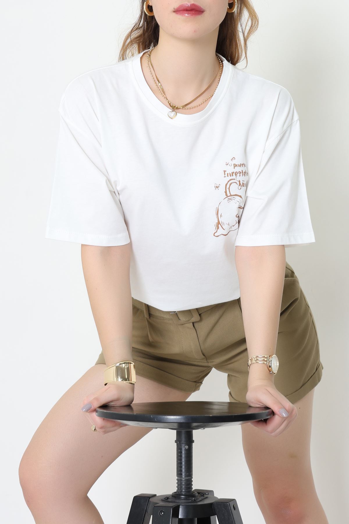 Kompakt Penye Unisex Tişört Beyazkahve - 55064.1872.