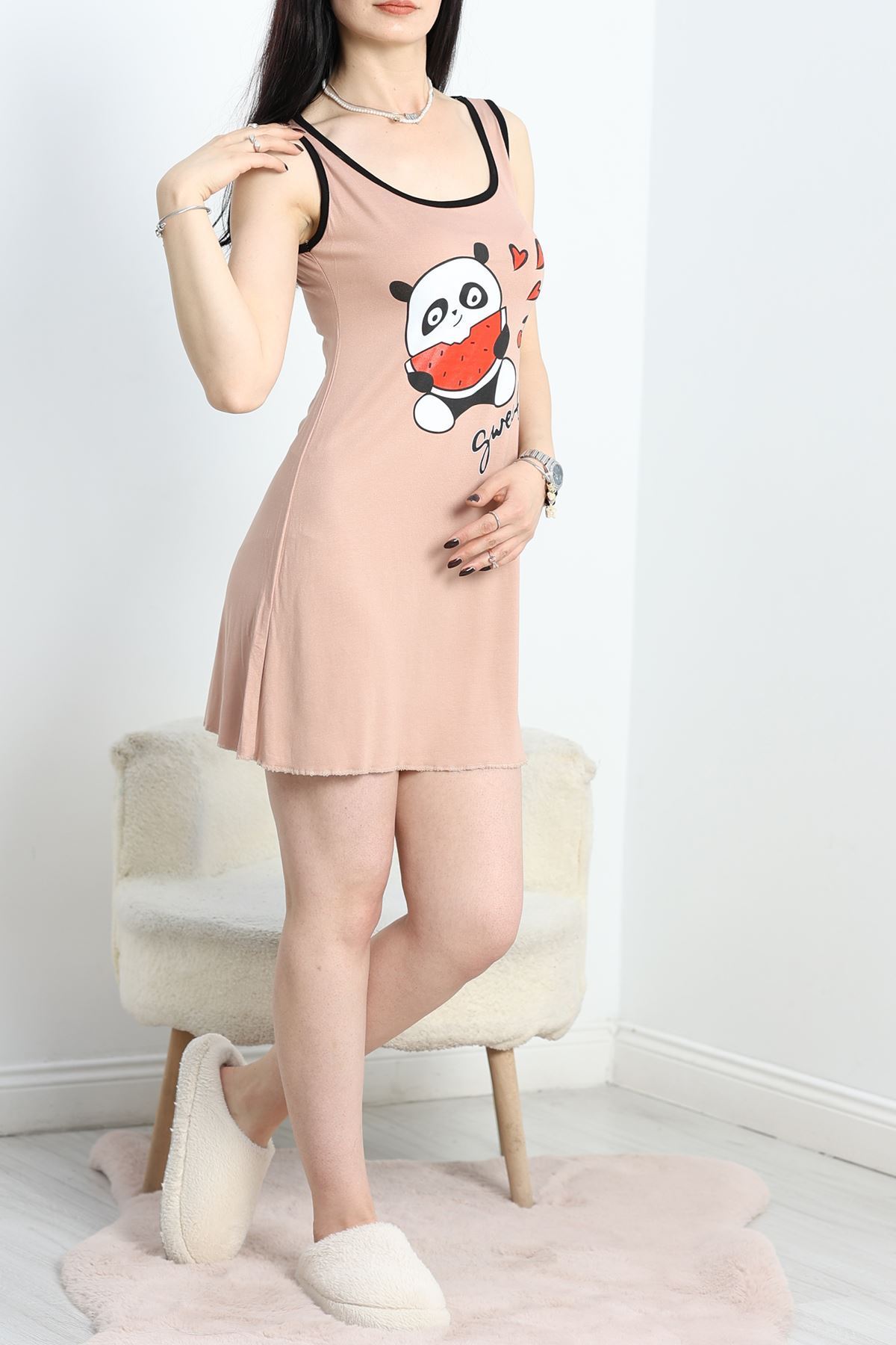 Biyeli Baskılı Gecelik Elbise Bej - 50330.1857.