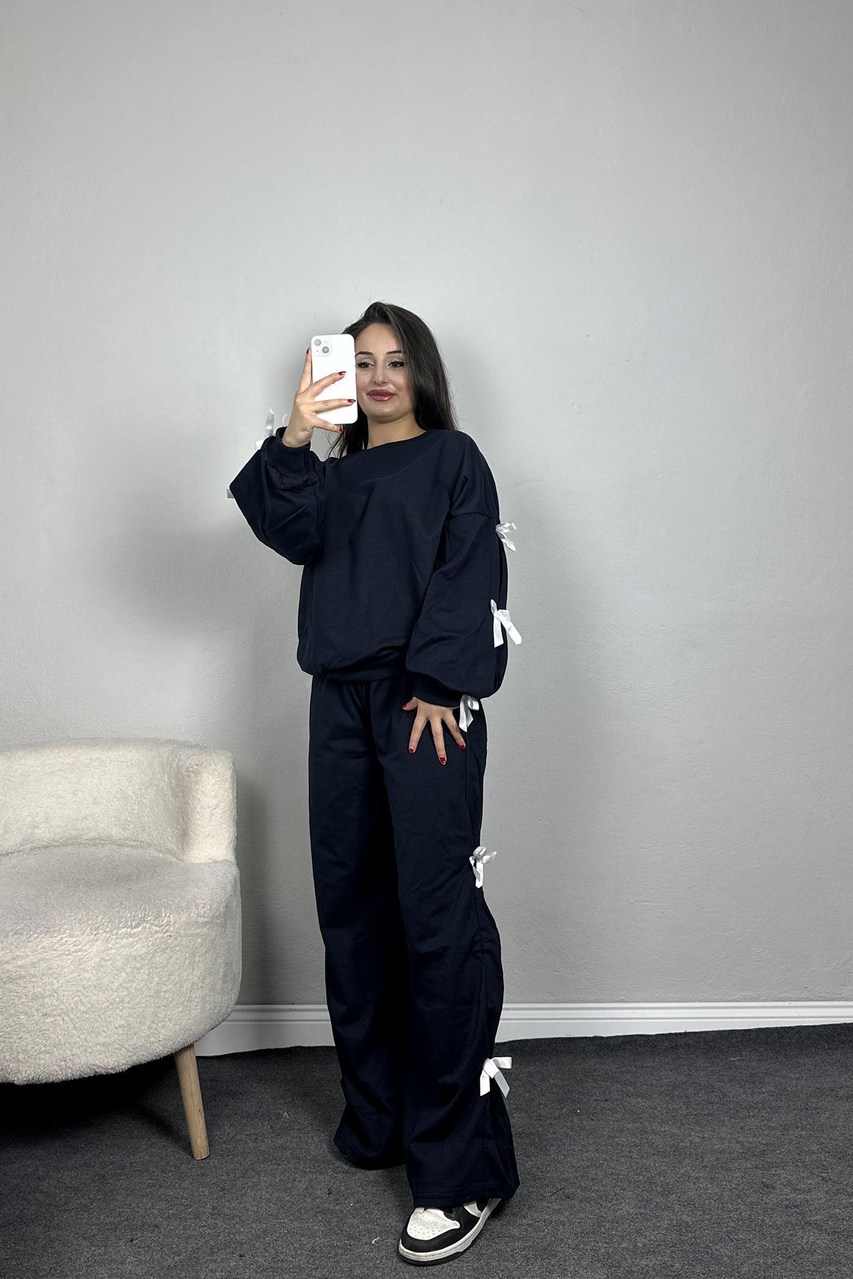 Özel Tasarımlı İki İplik Kurdeleli Eşofman Takım Lacivert - 70165.1857.