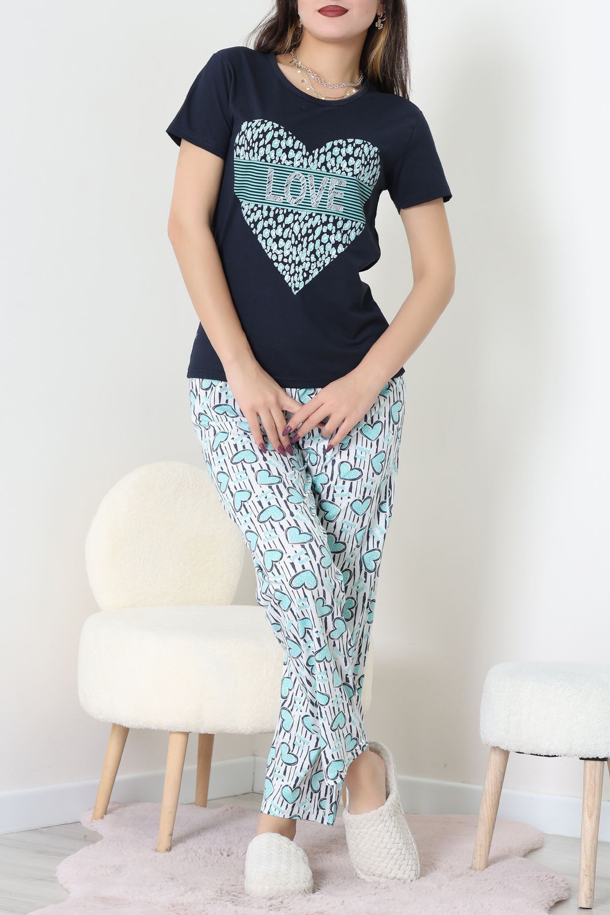 Süprem Kumaş Kısa Kollu Pijama Takımı Lacivert - 31860.2123.