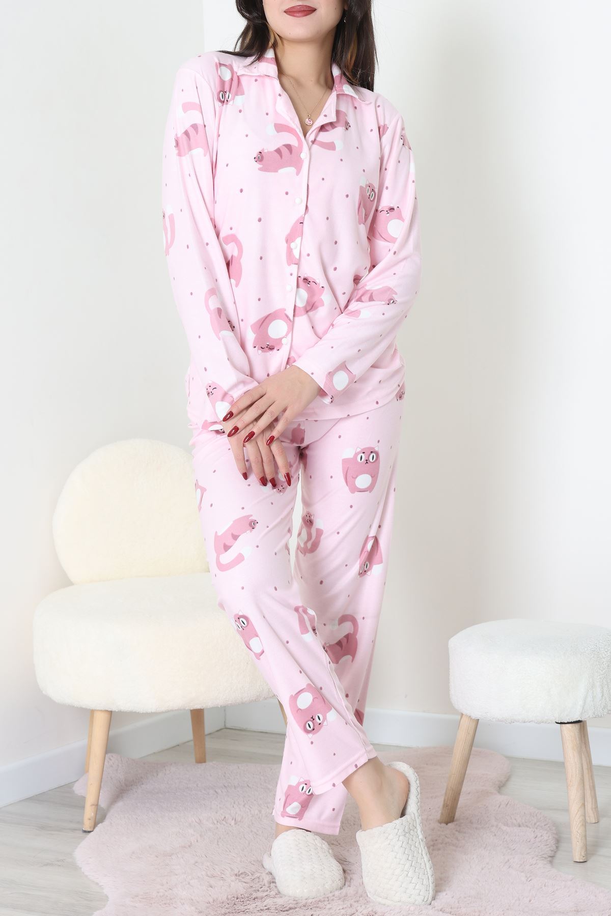 Süet Düğmeli Pijama Takımı Pembe - 31876.1049.