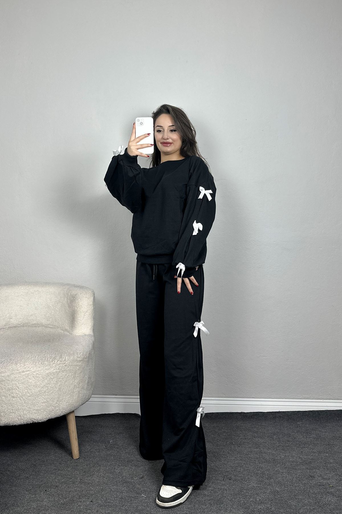 Özel Tasarımlı İki İplik Kurdeleli Eşofman Takım Siyah - 70165.1857.