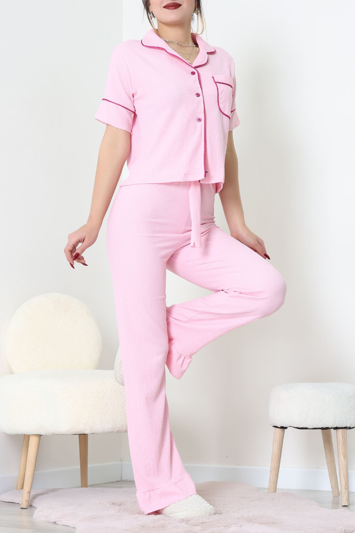 Bürümcük Kumaş Pijama Takımı Pembe - 31800.1961.