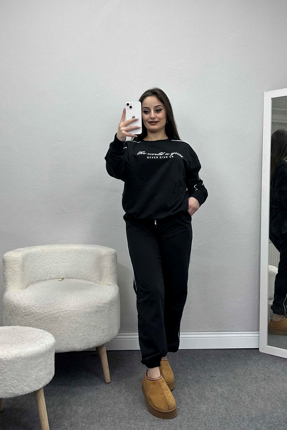 Baskılı Biyeli Eşofman Takımı Siyahbeyaz - 20075.1857.