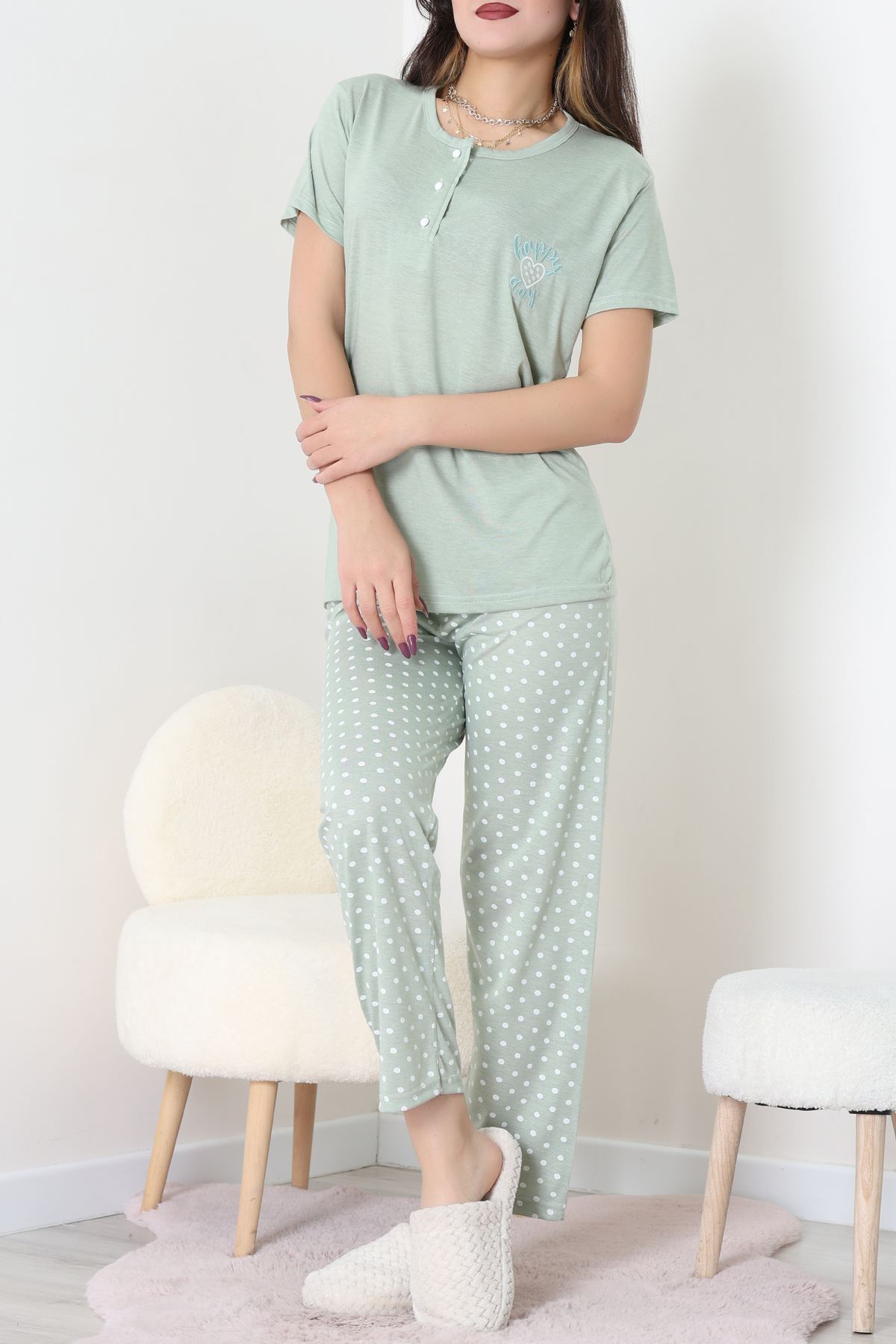 Viskon Kumaş Kısa Kol Pijama Takımı Mint - 31859.2123.