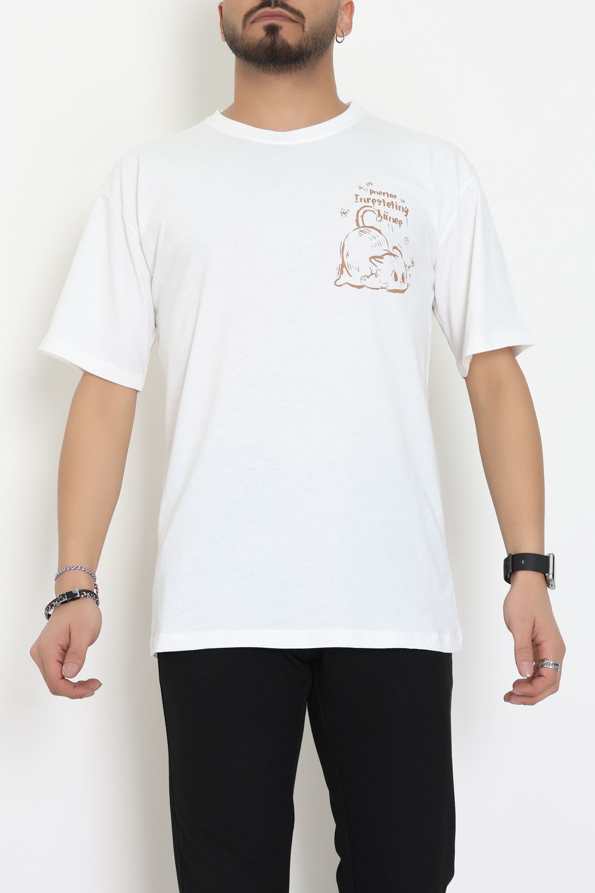 Kompakt Penye Unisex Tişört Beyazkahve - 55064.1872.