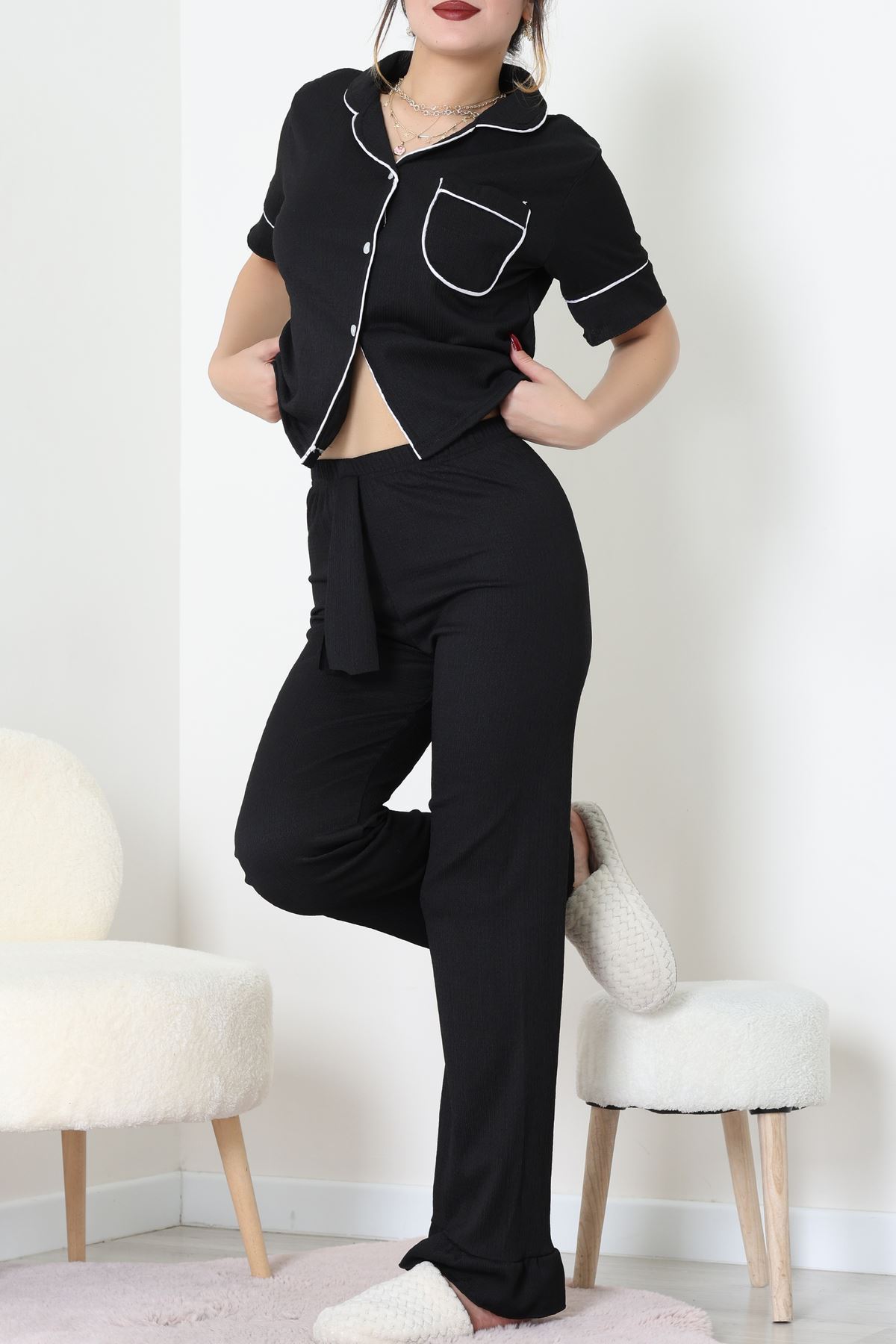 Bürümcük Kumaş Pijama Takımı Siyah - 31800.1961.