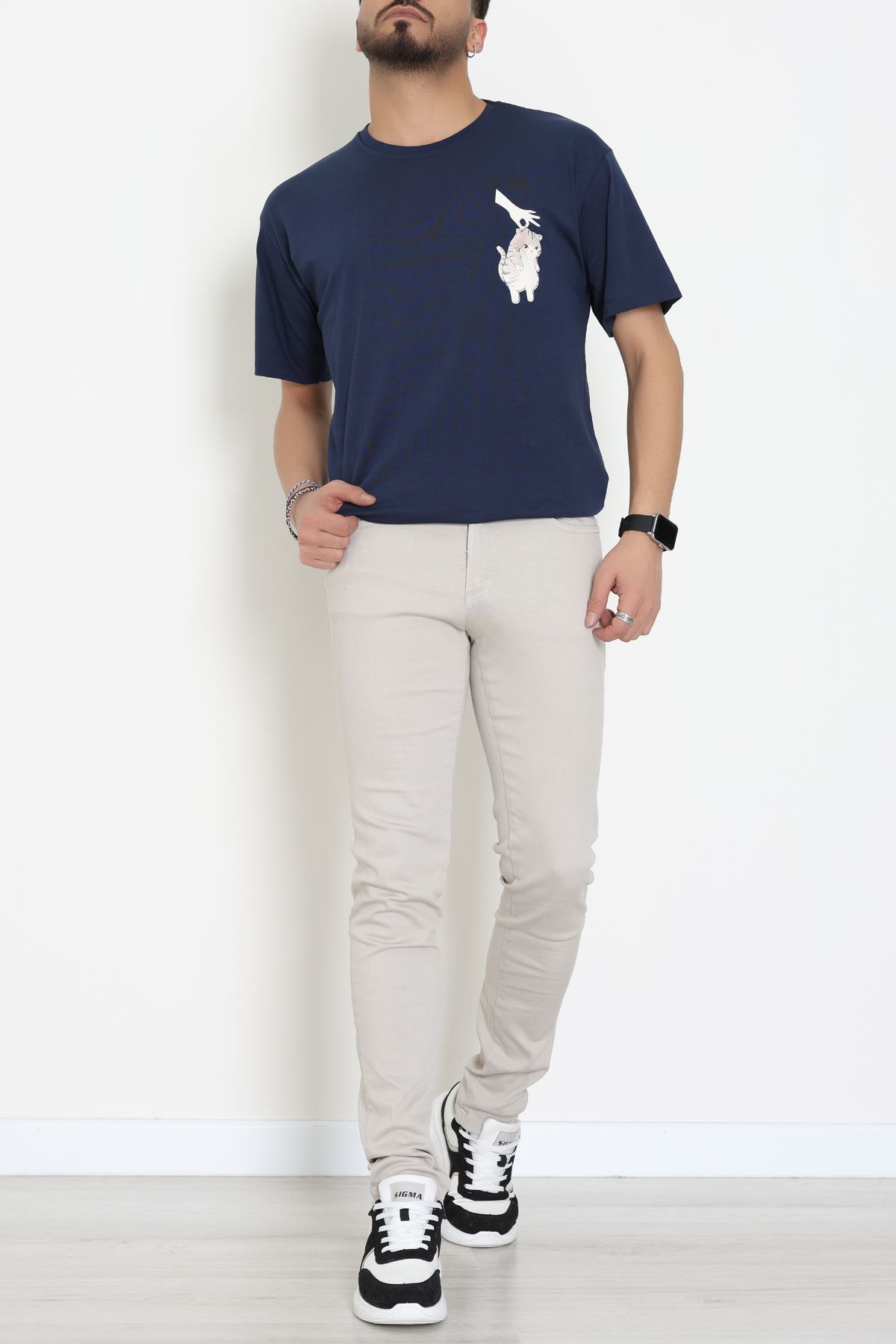 Kompakt Penye Unisex Tişört Lacivertkrem - 55064.1872.