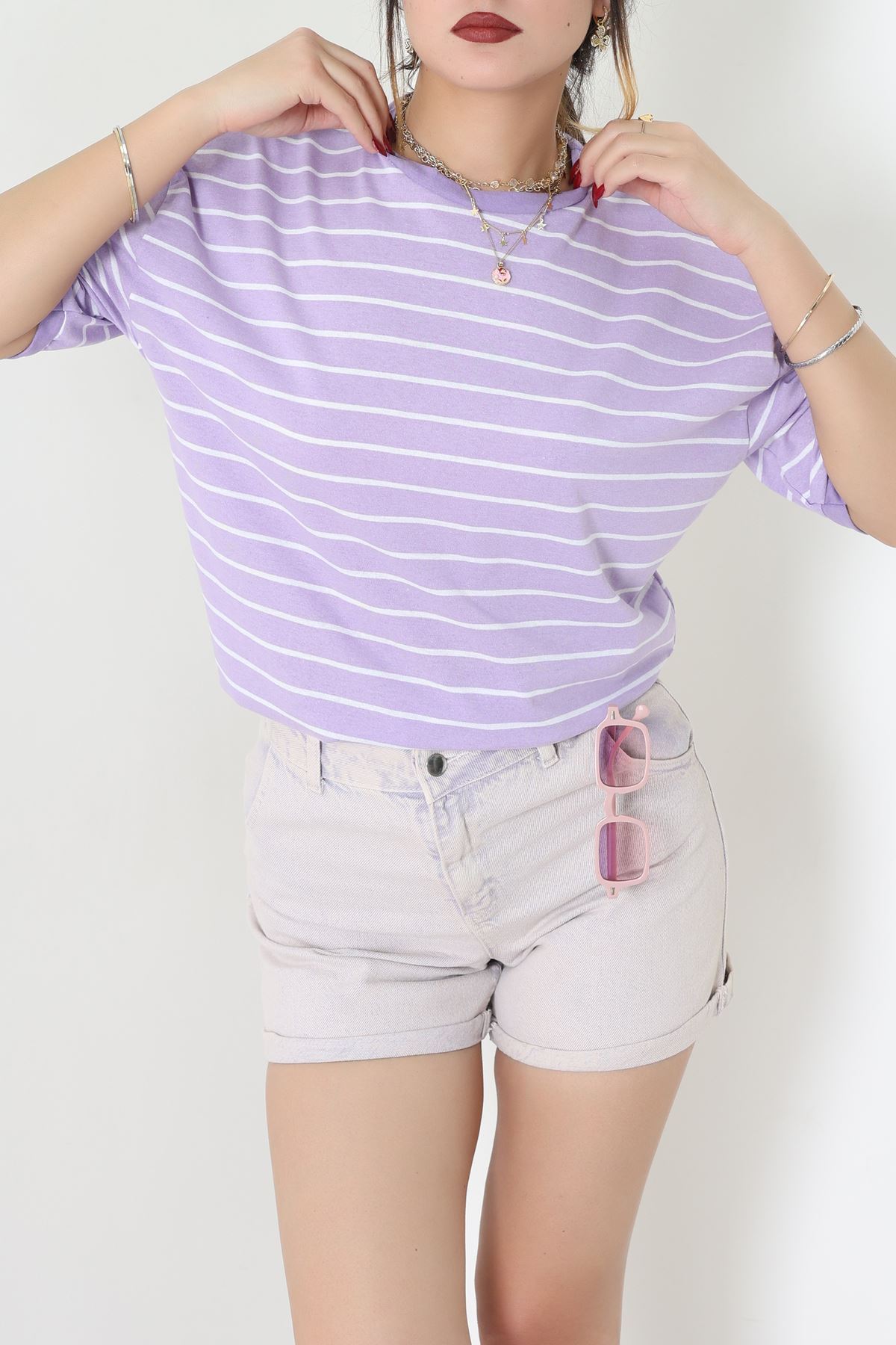 Bisiklet Yaka Çizgili Rejenere Süprem Tişört Lilabeyaz - 601.1567.