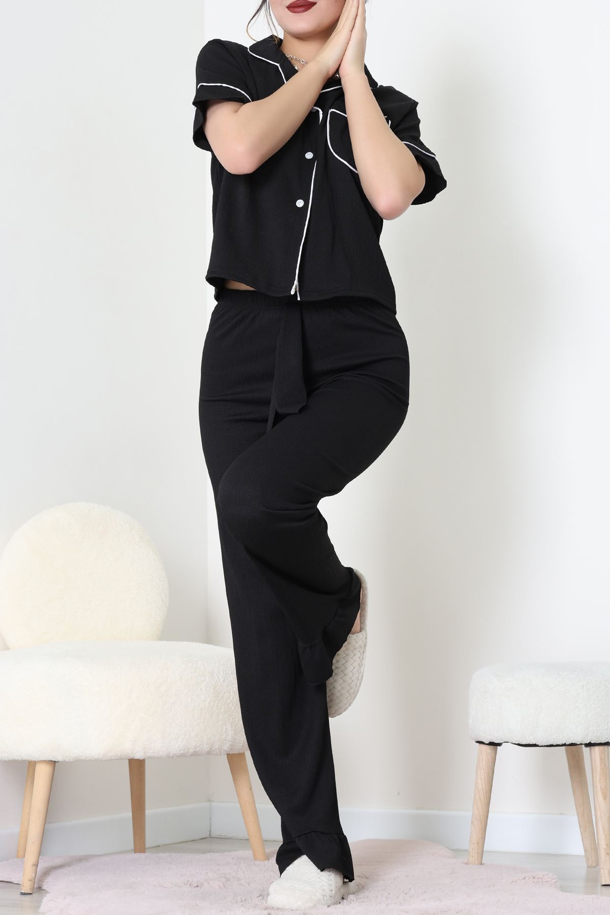 Bürümcük Kumaş Pijama Takımı Siyah - 31800.1961.