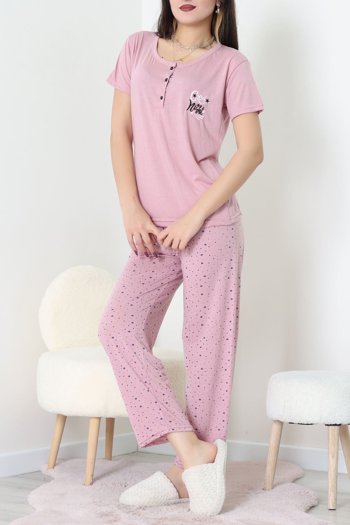 Viskon Kumaş Kısa Kol Pijama Takımı Pembe - 31859.2123.