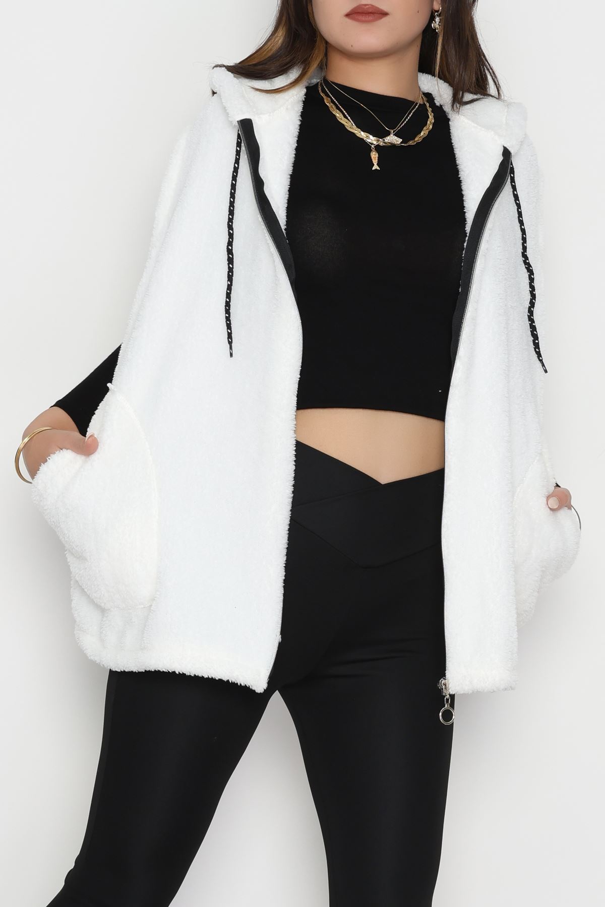 Fermuarlı Kapşonlu Peluş Yelek Beyaz - 51059.701.
