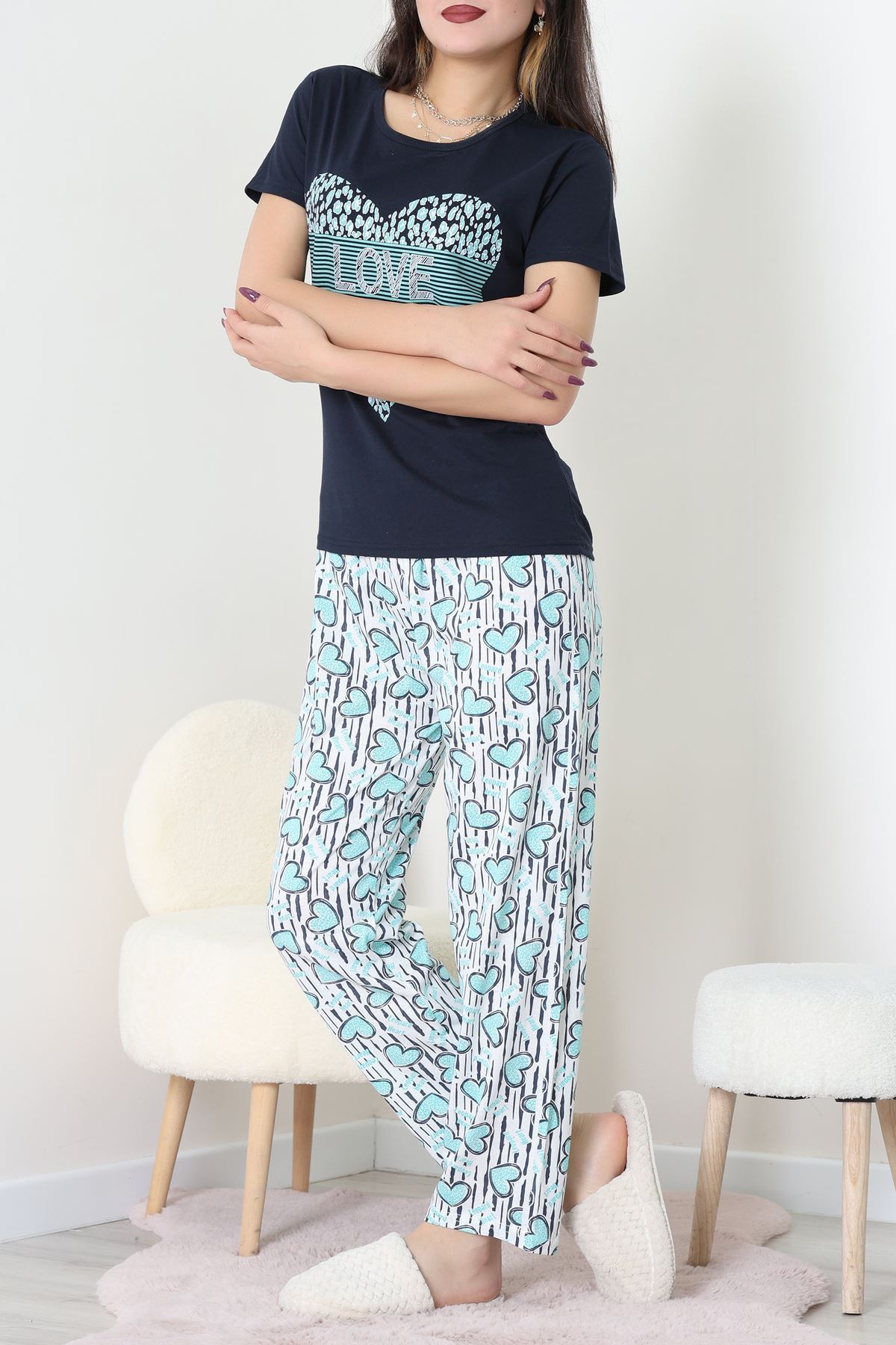 Süprem Kumaş Kısa Kollu Pijama Takımı Lacivert - 31860.2123.