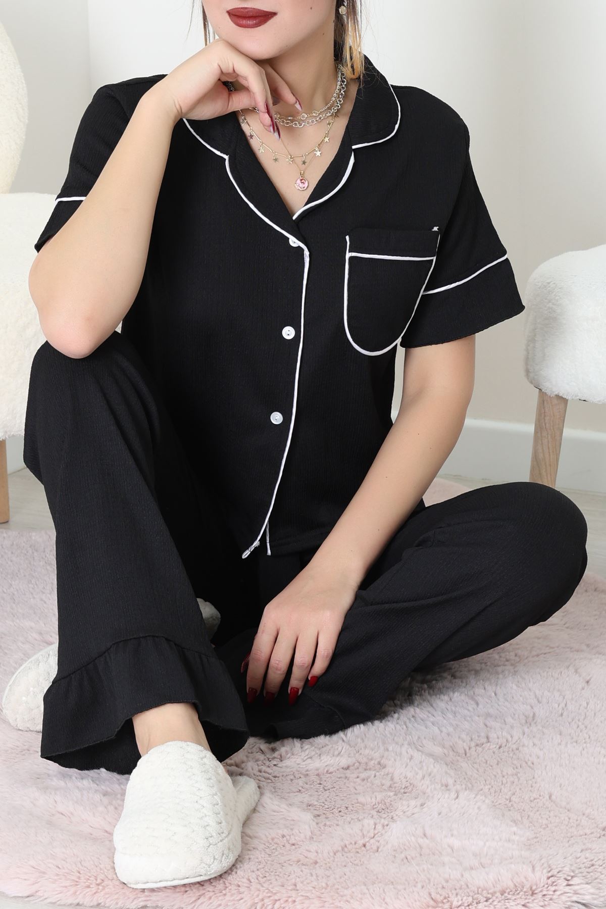 Bürümcük Kumaş Pijama Takımı Siyah - 31800.1961.