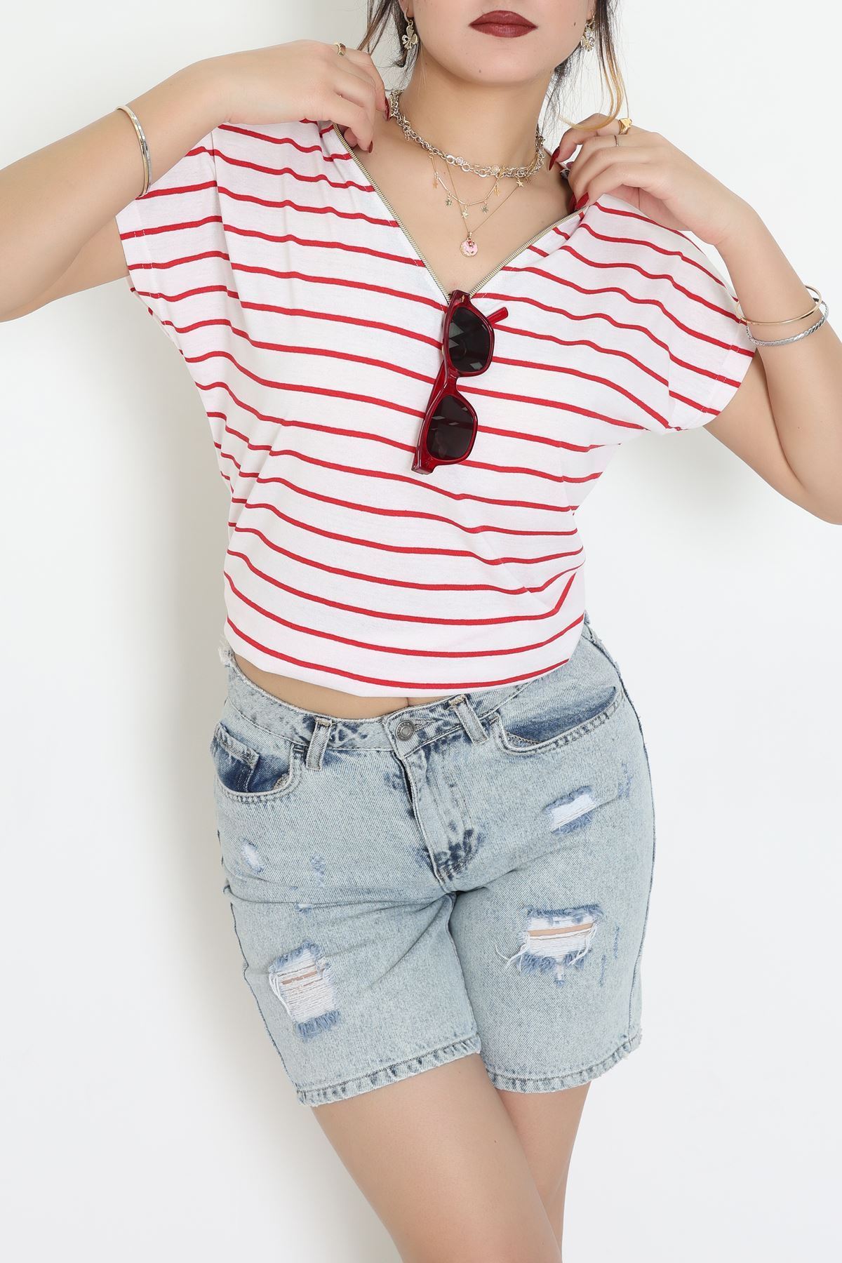 V Yaka Fermuarlı Rejenere Süprem Tişört Ekrukırmızı - 600.1567.