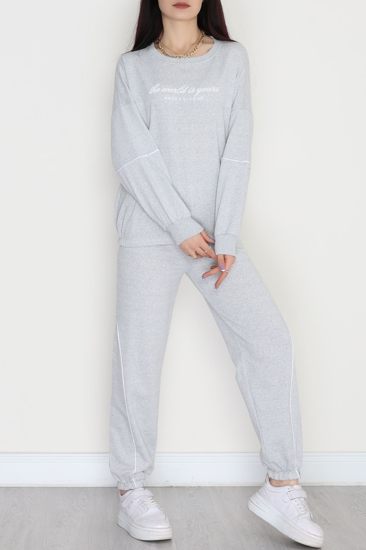 Biyeli Baskılı 2 İplik Eşofman Takımı Gri - 50791.1857.