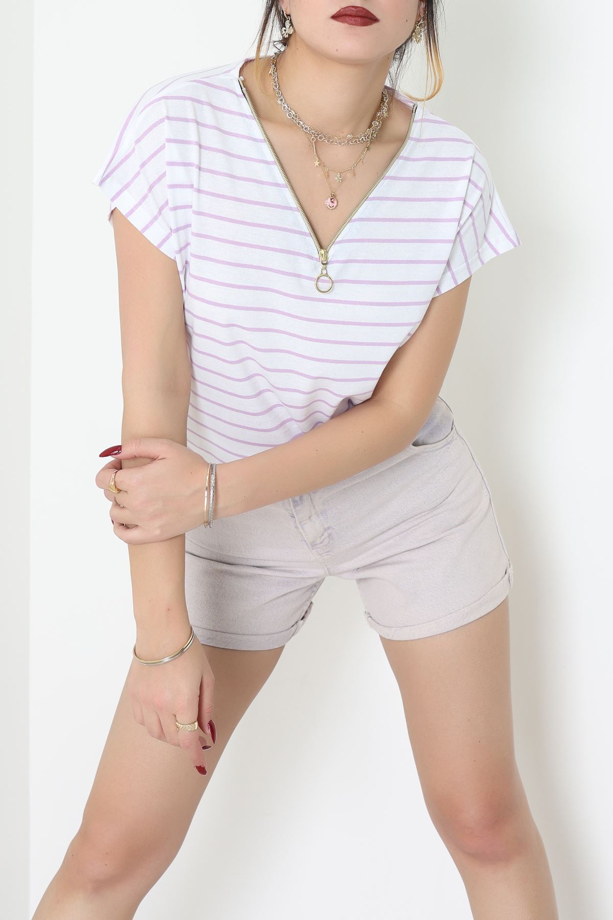 V Yaka Fermuarlı Rejenere Süprem Tişört Beyazlila - 600.1567.