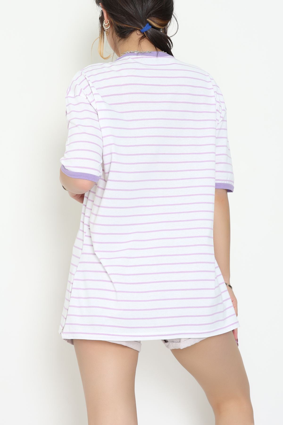 V Yaka Çizgili Rejenere Süprem Tişört Beyazlila - 602.1567.