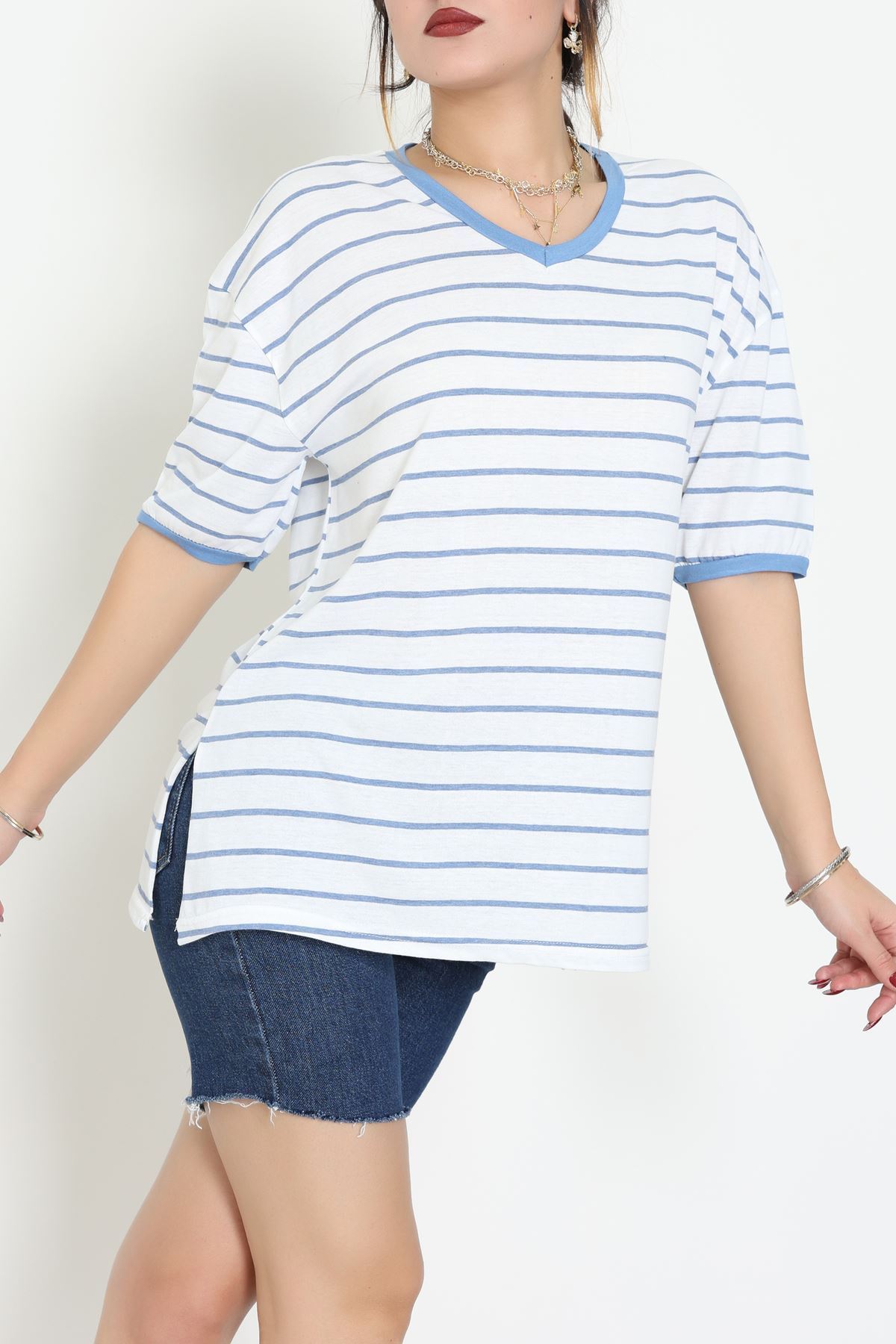 V Yaka Çizgili Rejenere Süprem Tişört Beyazmavi - 602.1567.
