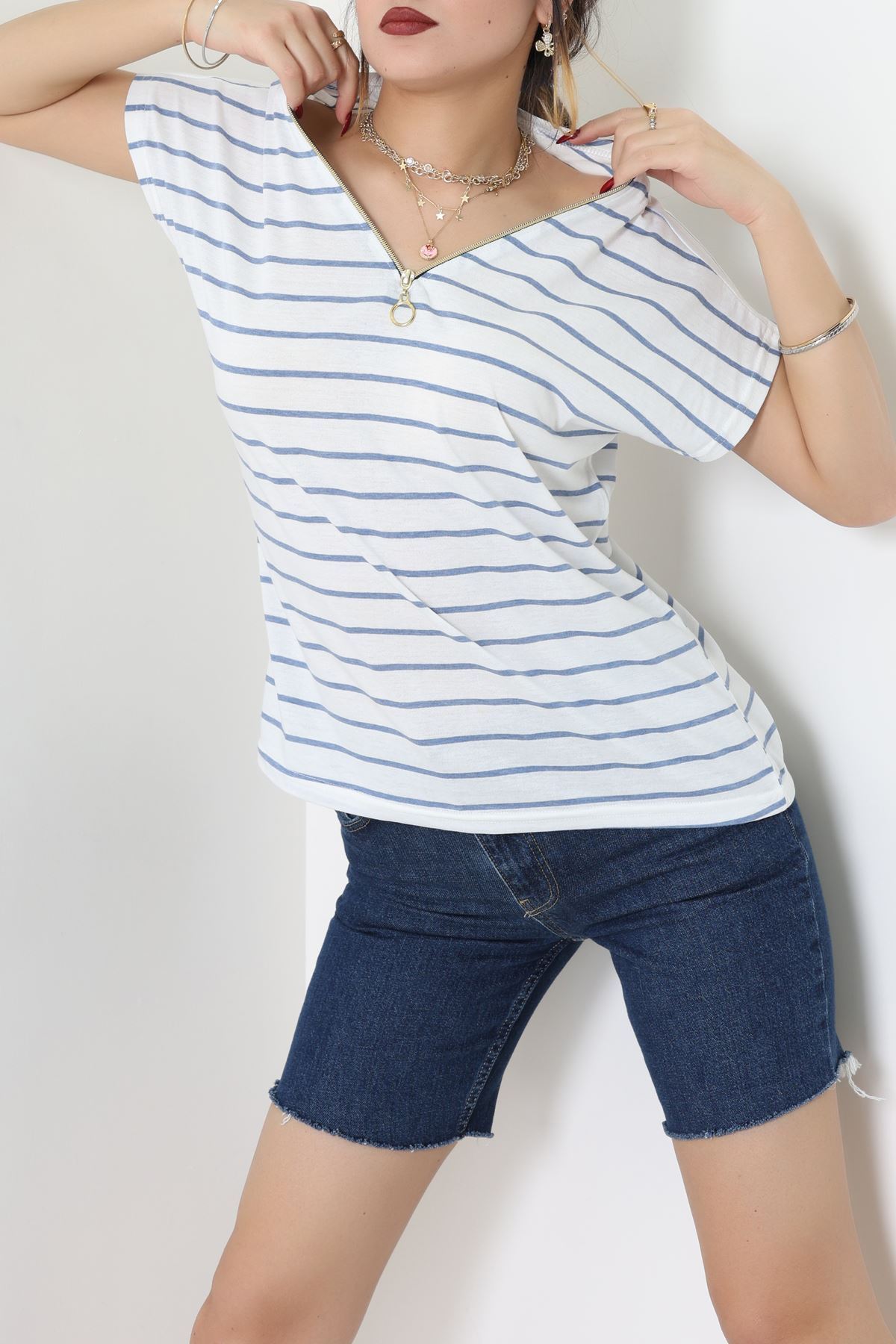 V Yaka Fermuarlı Rejenere Süprem Tişört Beyazmavi - 600.1567.