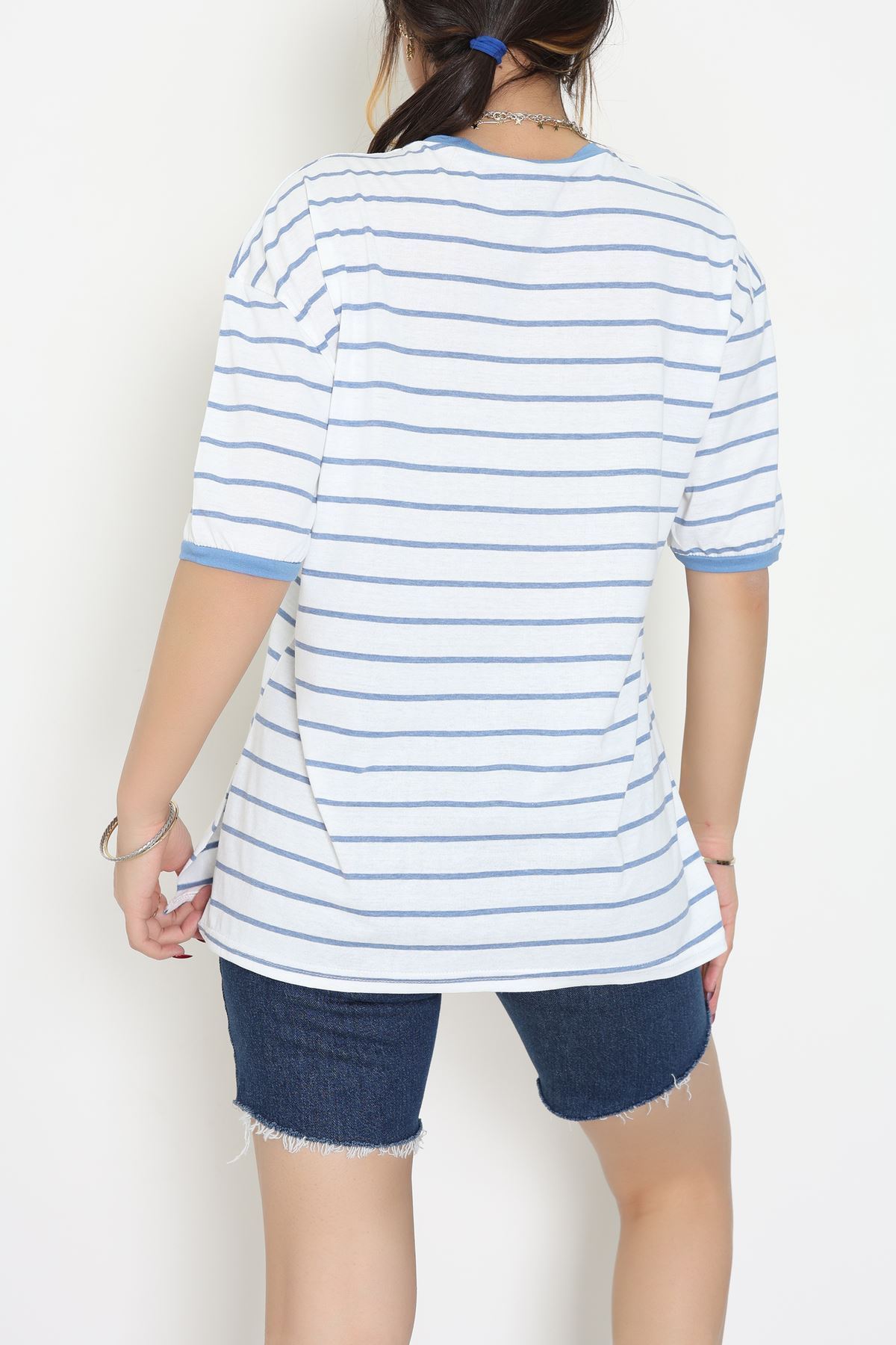 V Yaka Çizgili Rejenere Süprem Tişört Beyazmavi - 602.1567.
