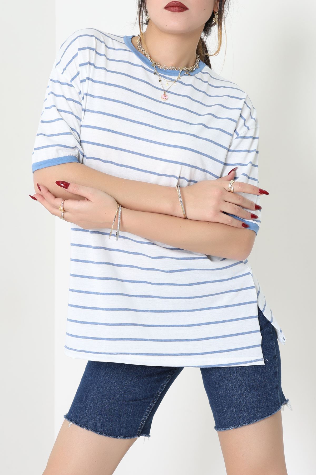 Bisiklet Yaka Çizgili Rejenere Süprem Tişört Beyazmavi - 601.1567.