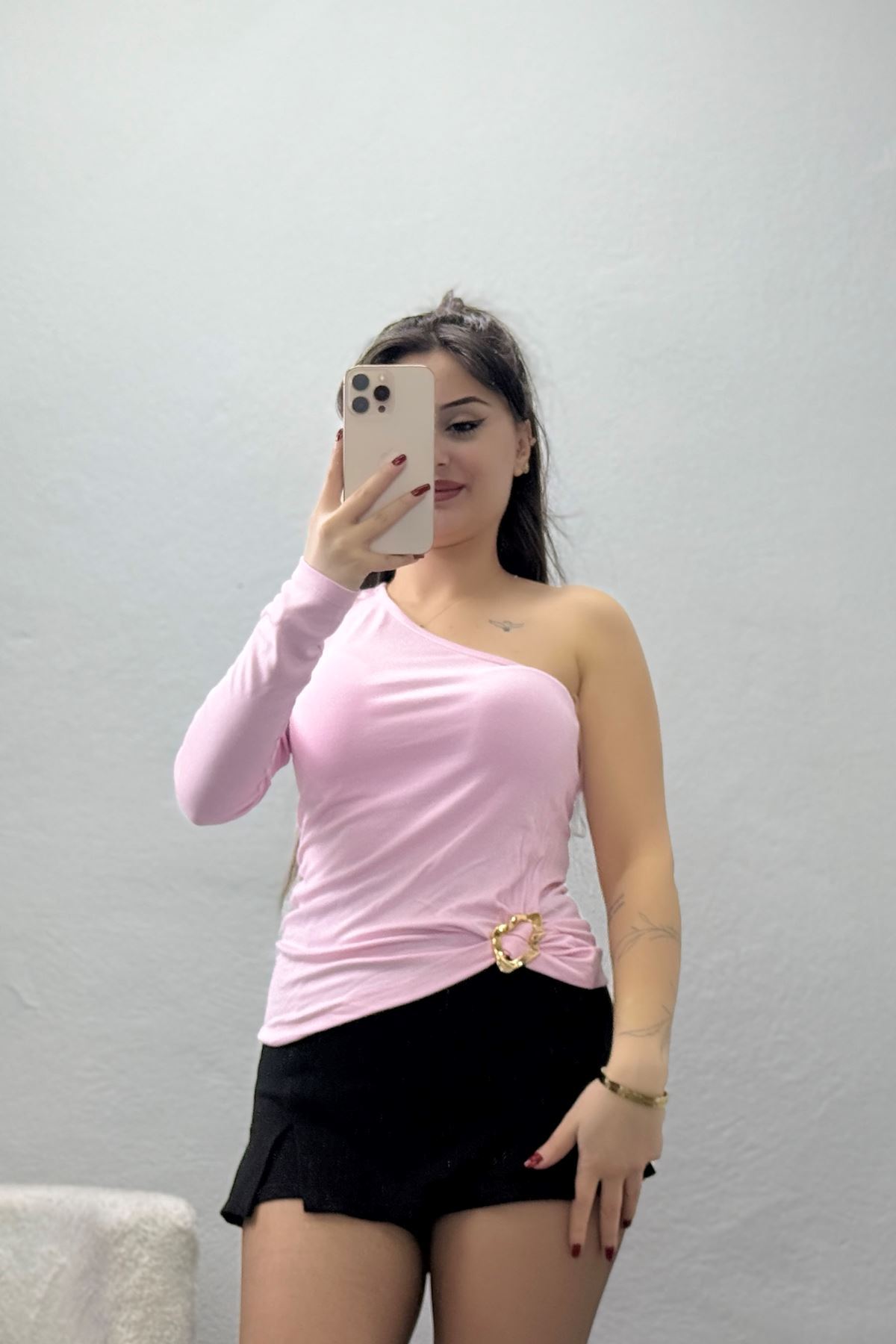 Buzzy Kumaş Tek Omuz Toka Detaylı Bluz Pembe - 1052.2119.