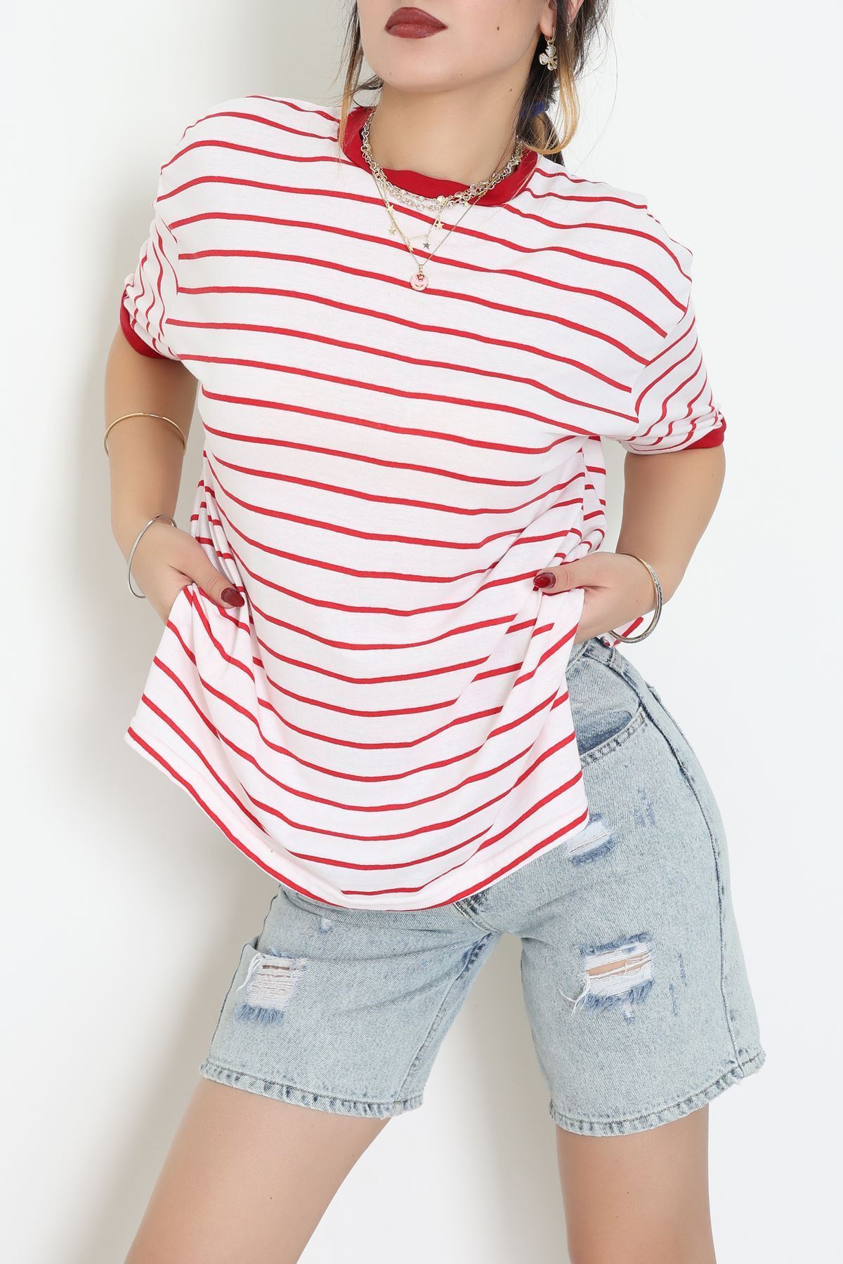 Bisiklet Yaka Çizgili Rejenere Süprem Tişört Ekrukırmızı - 601.1567.