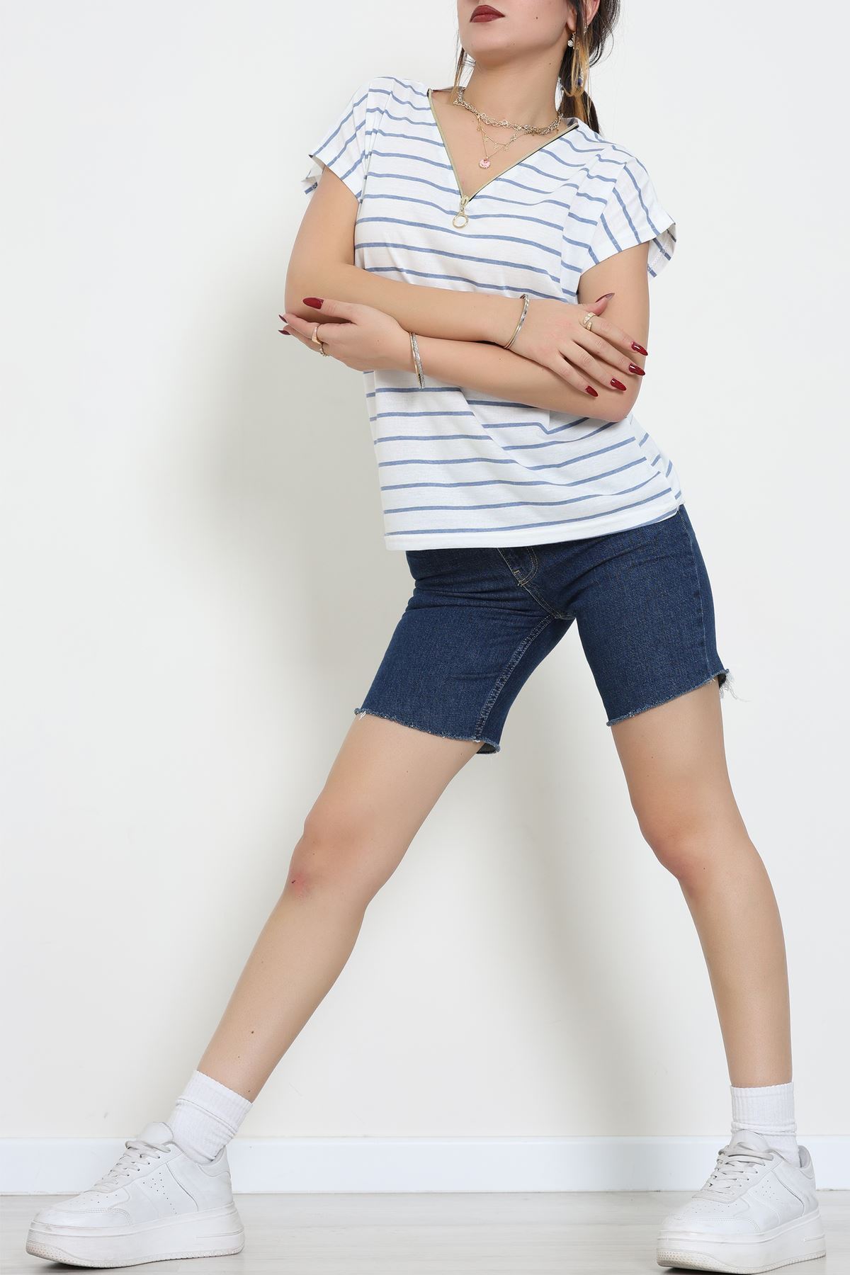 V Yaka Fermuarlı Rejenere Süprem Tişört Beyazmavi - 600.1567.