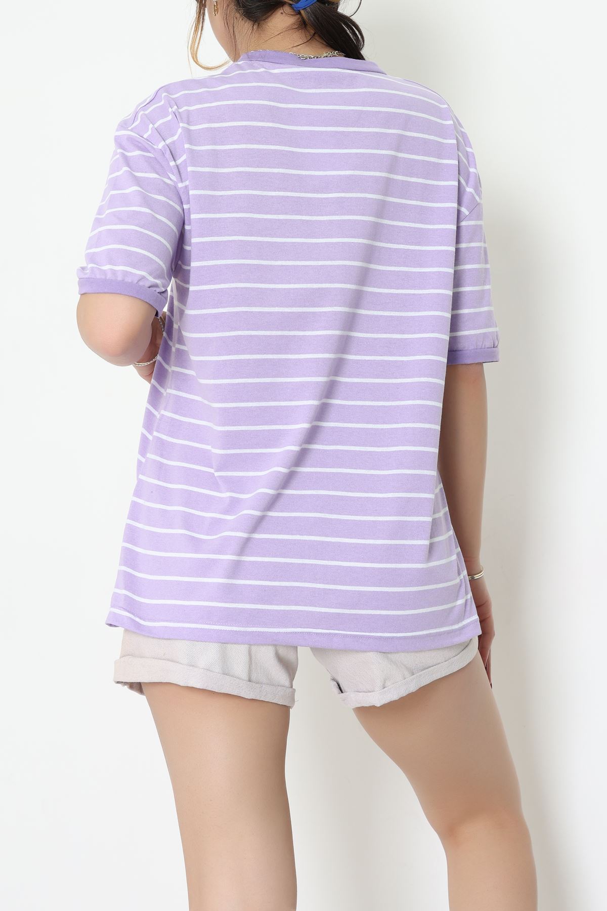 V Yaka Çizgili Rejenere Süprem Tişört Lilabeyaz - 602.1567.