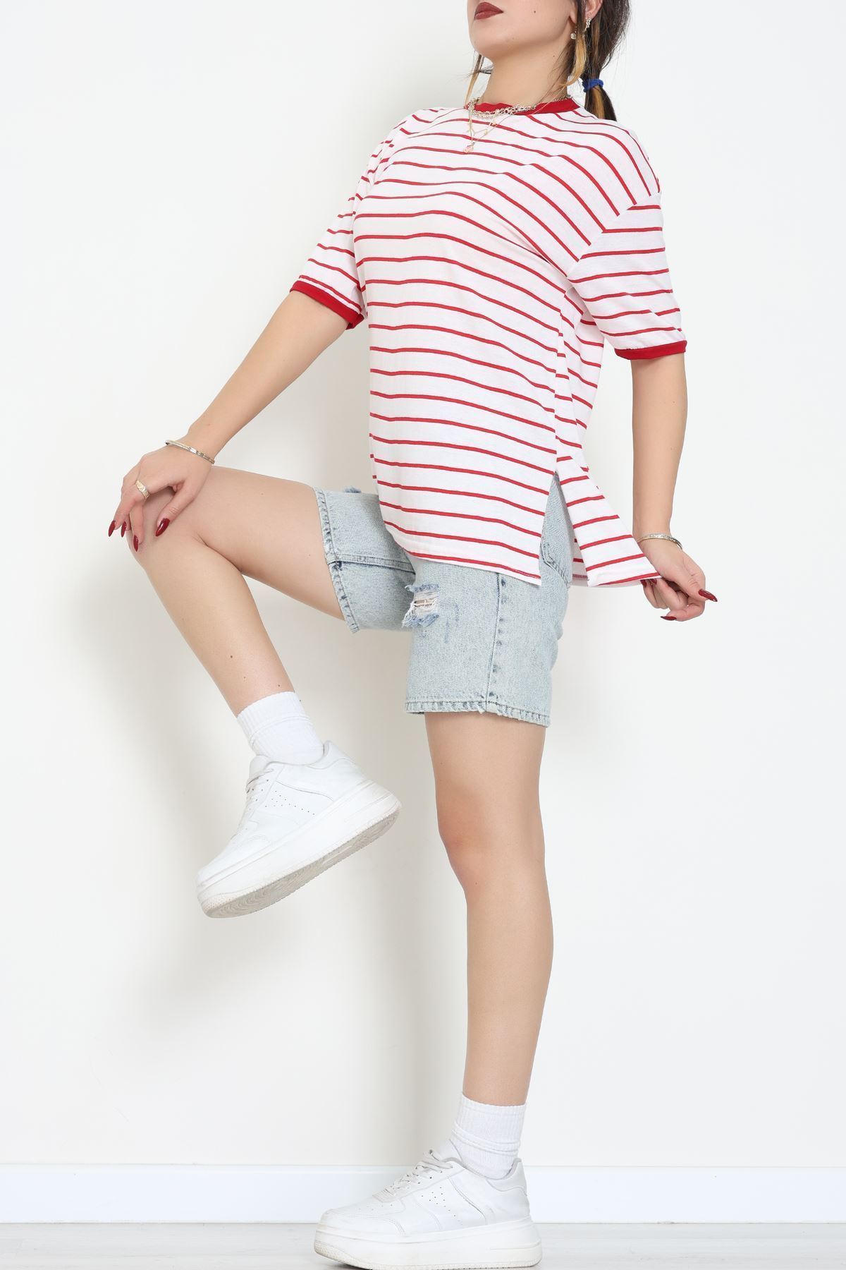 Bisiklet Yaka Çizgili Rejenere Süprem Tişört Ekrukırmızı - 601.1567.