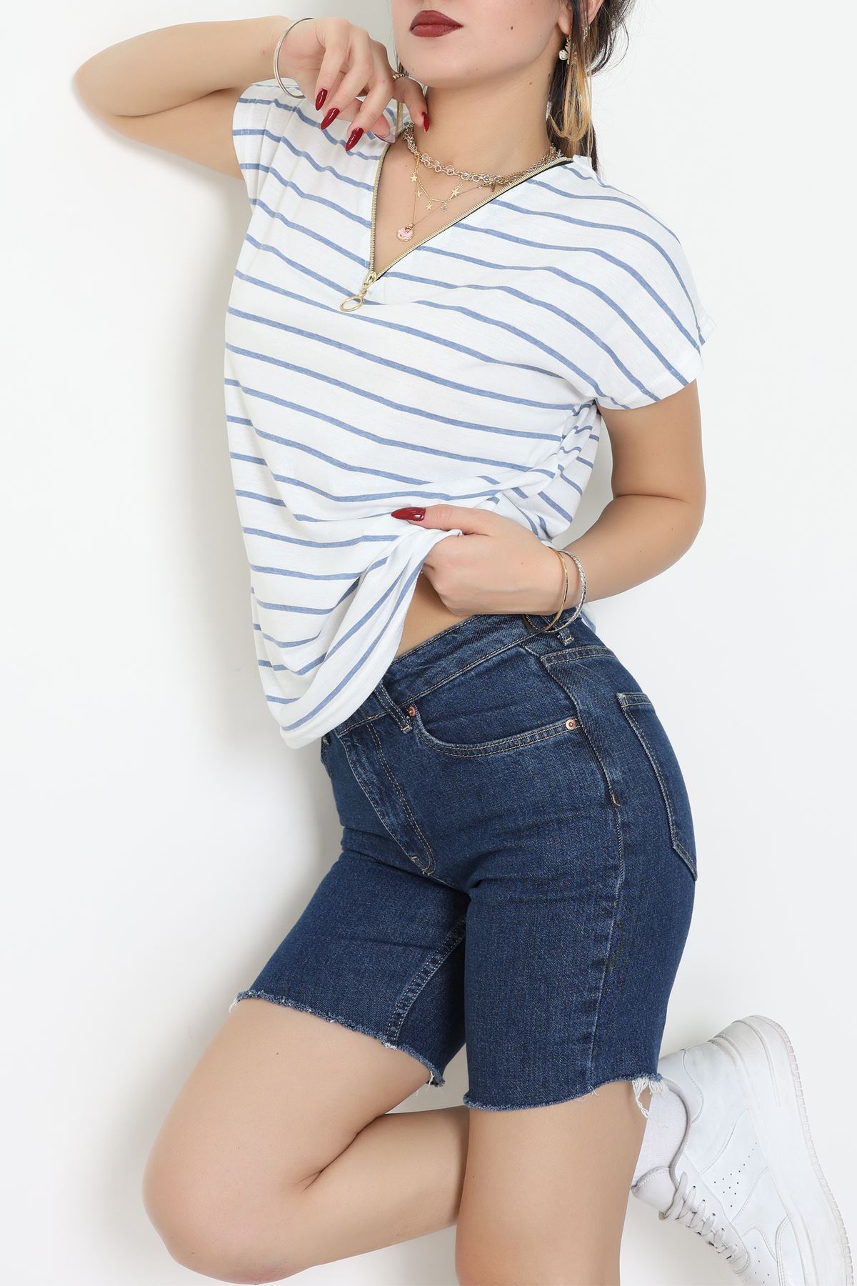 V Yaka Fermuarlı Rejenere Süprem Tişört Beyazmavi - 600.1567.