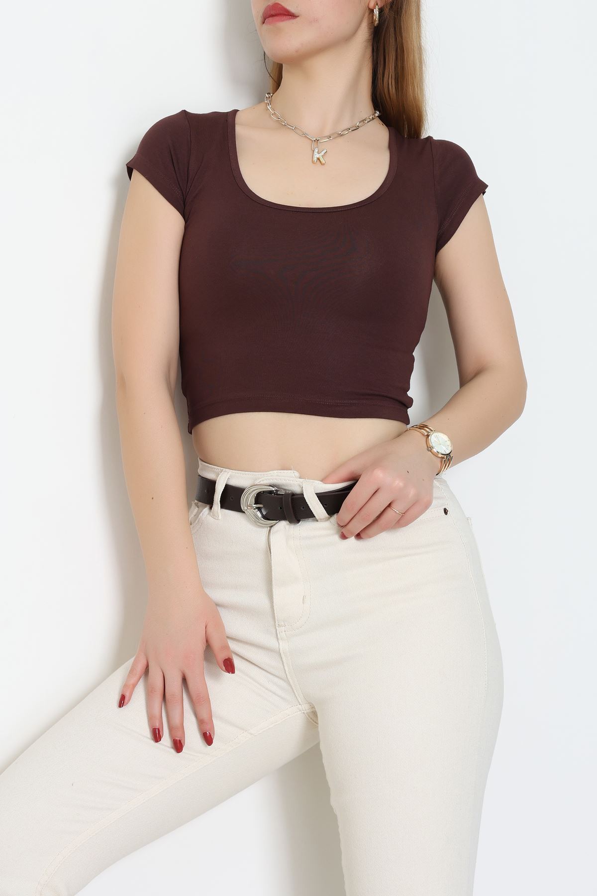 Viskon Yuvarlak Yaka Kısa Kollu Body Kahverengi - 7100.2127.