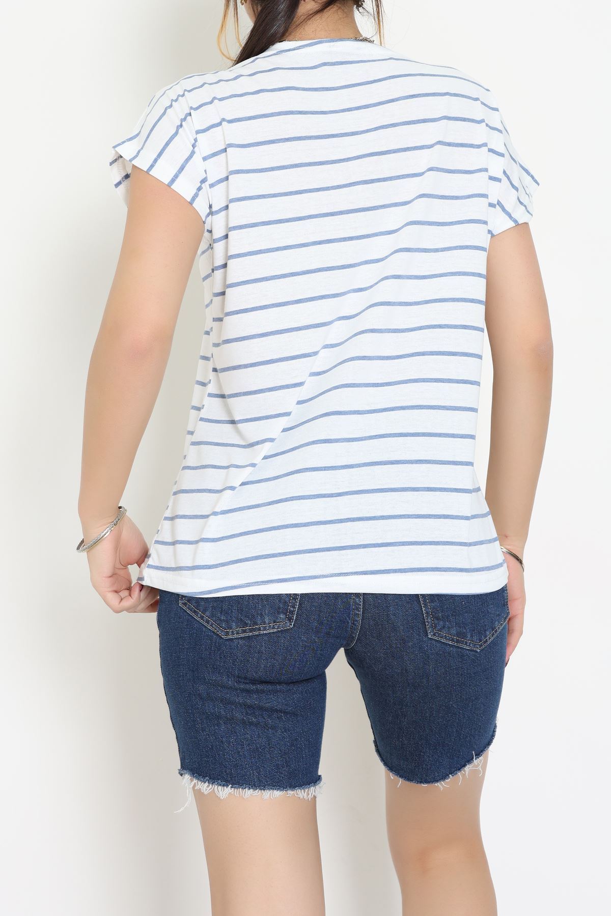 V Yaka Fermuarlı Rejenere Süprem Tişört Beyazmavi - 600.1567.