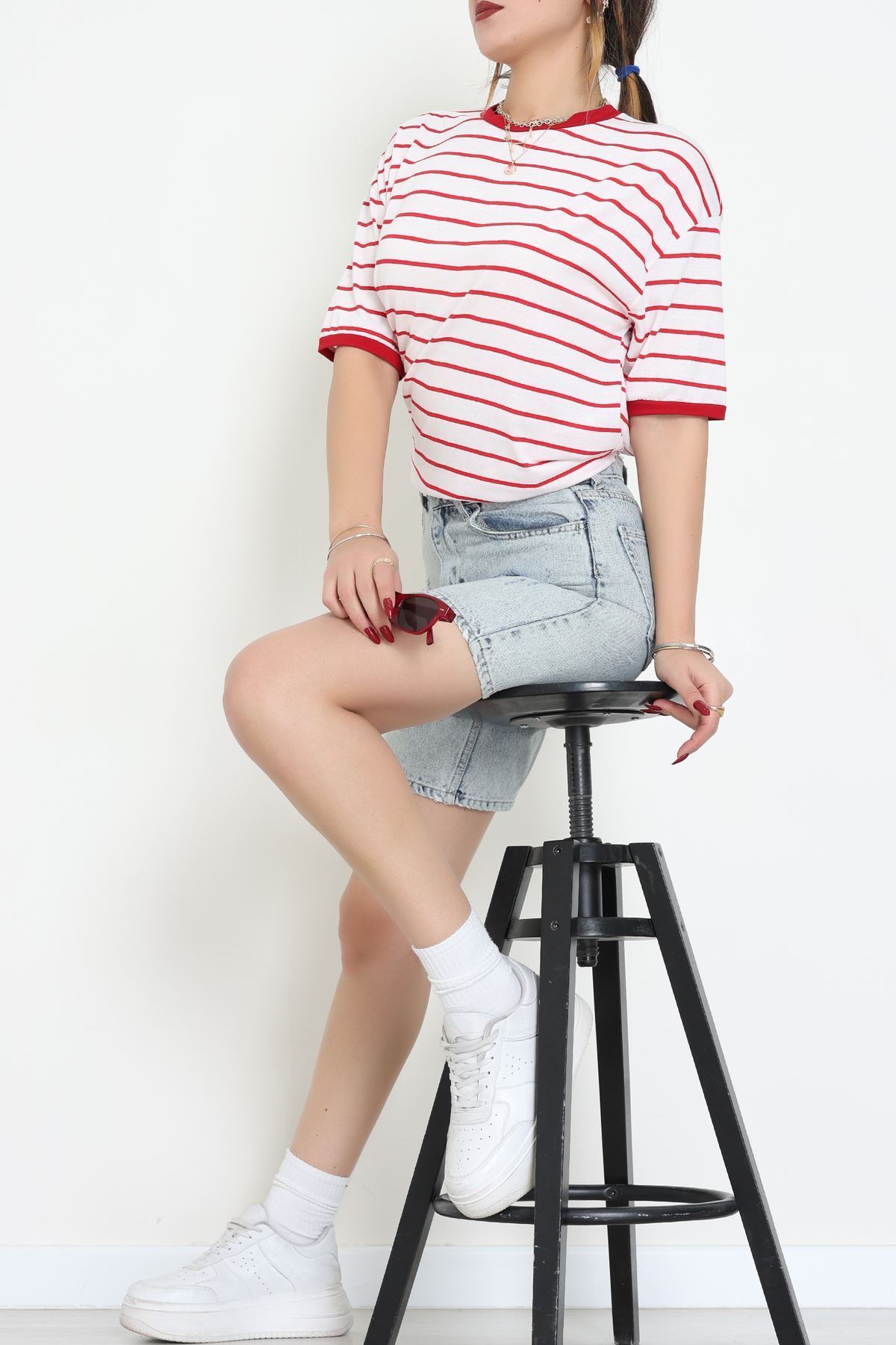 Bisiklet Yaka Çizgili Rejenere Süprem Tişört Ekrukırmızı - 601.1567.