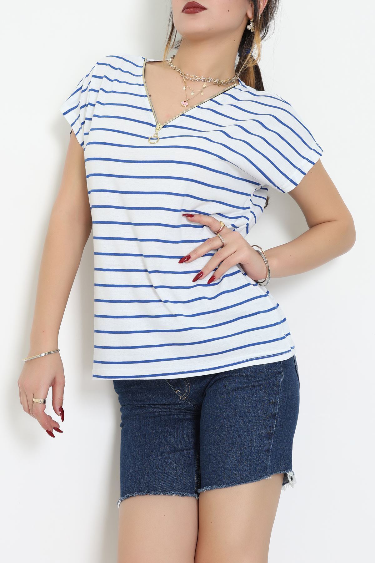 V Yaka Fermuarlı Rejenere Süprem Tişört Beyazsaks - 600.1567.