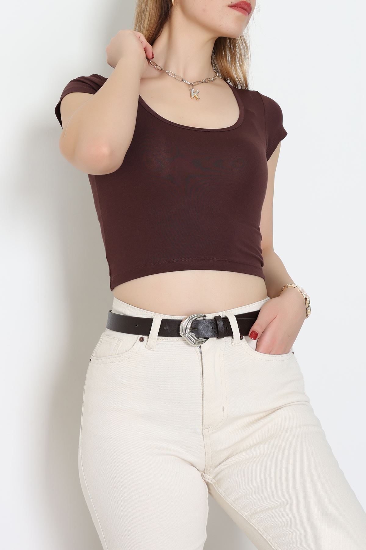 Viskon Yuvarlak Yaka Kısa Kollu Body Kahverengi - 7100.2127.