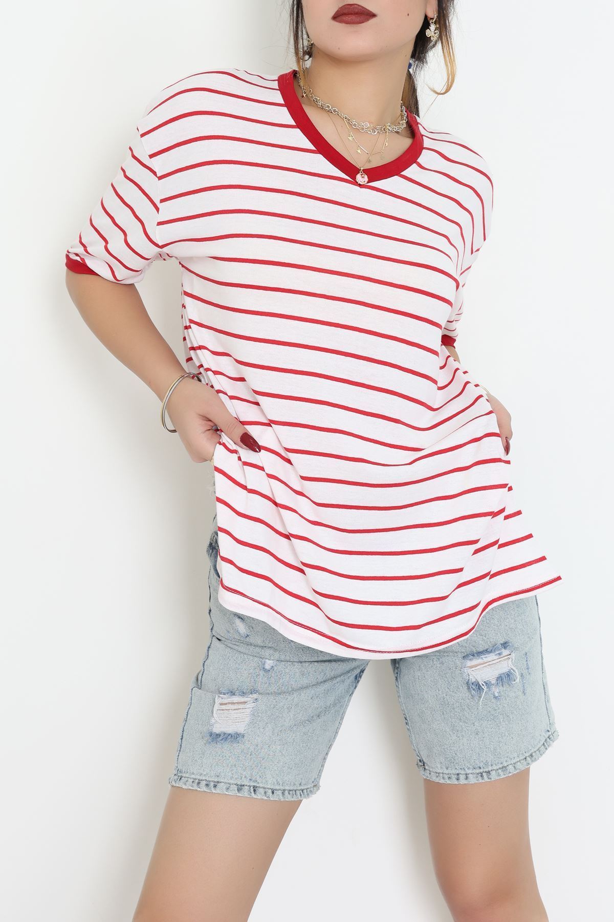 V Yaka Çizgili Rejenere Süprem Tişört Ekrukırmızı - 602.1567.