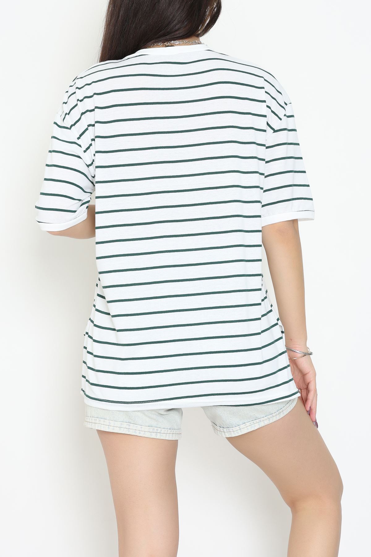 V Yaka Çizgili Rejenere Süprem Tişört Ekruzümrüt - 602.1567.