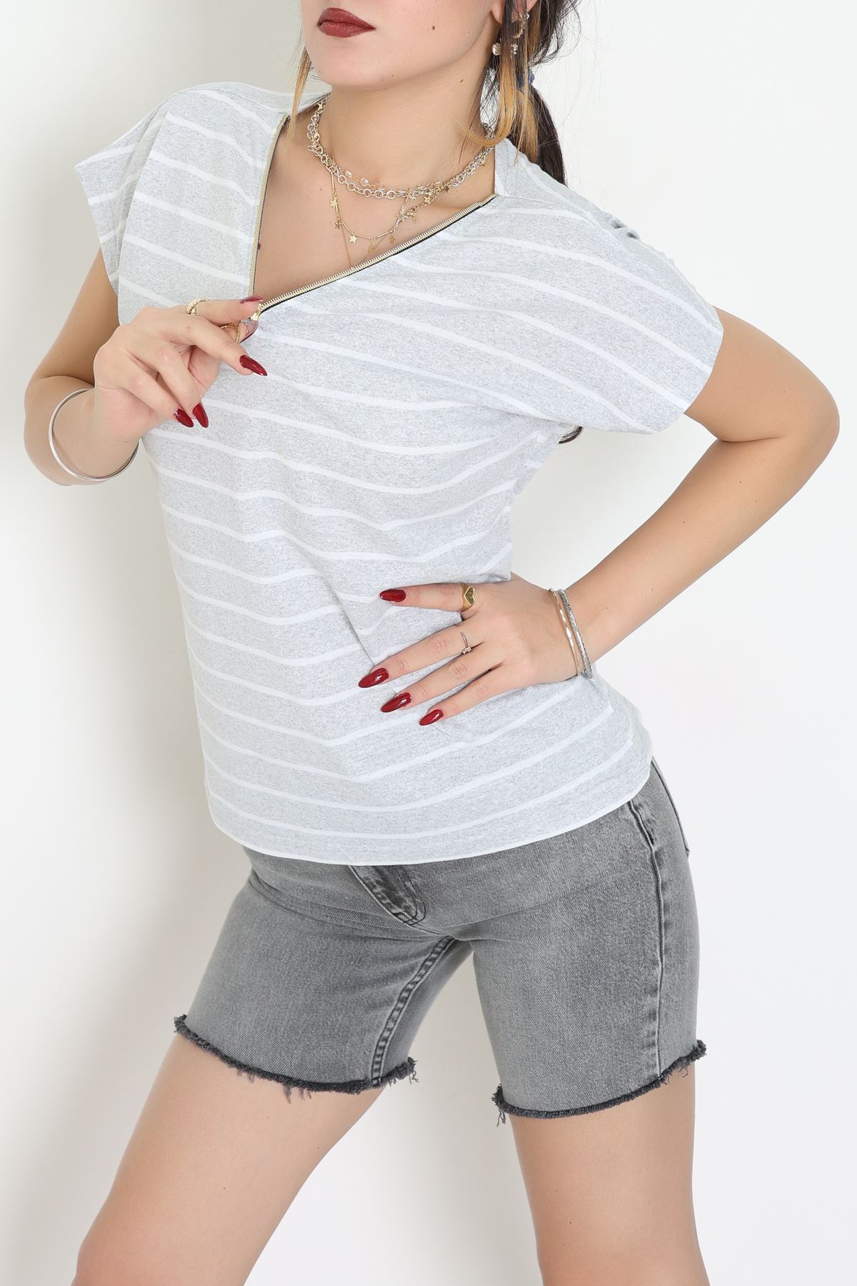 V Yaka Fermuarlı Rejenere Süprem Tişört Gribeyaz - 600.1567.