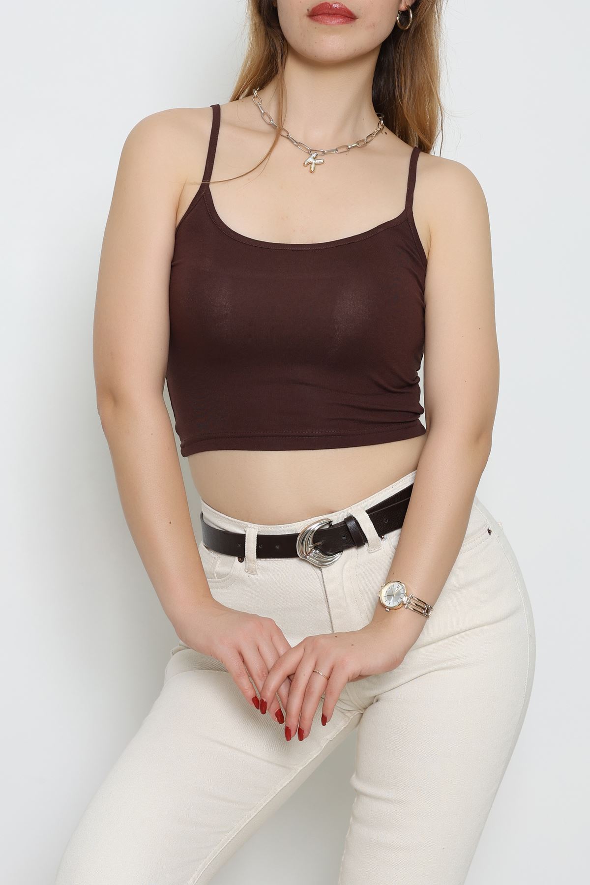 Viskon İp Askılı Crop Atlet Kahverengi - 7000.2127.