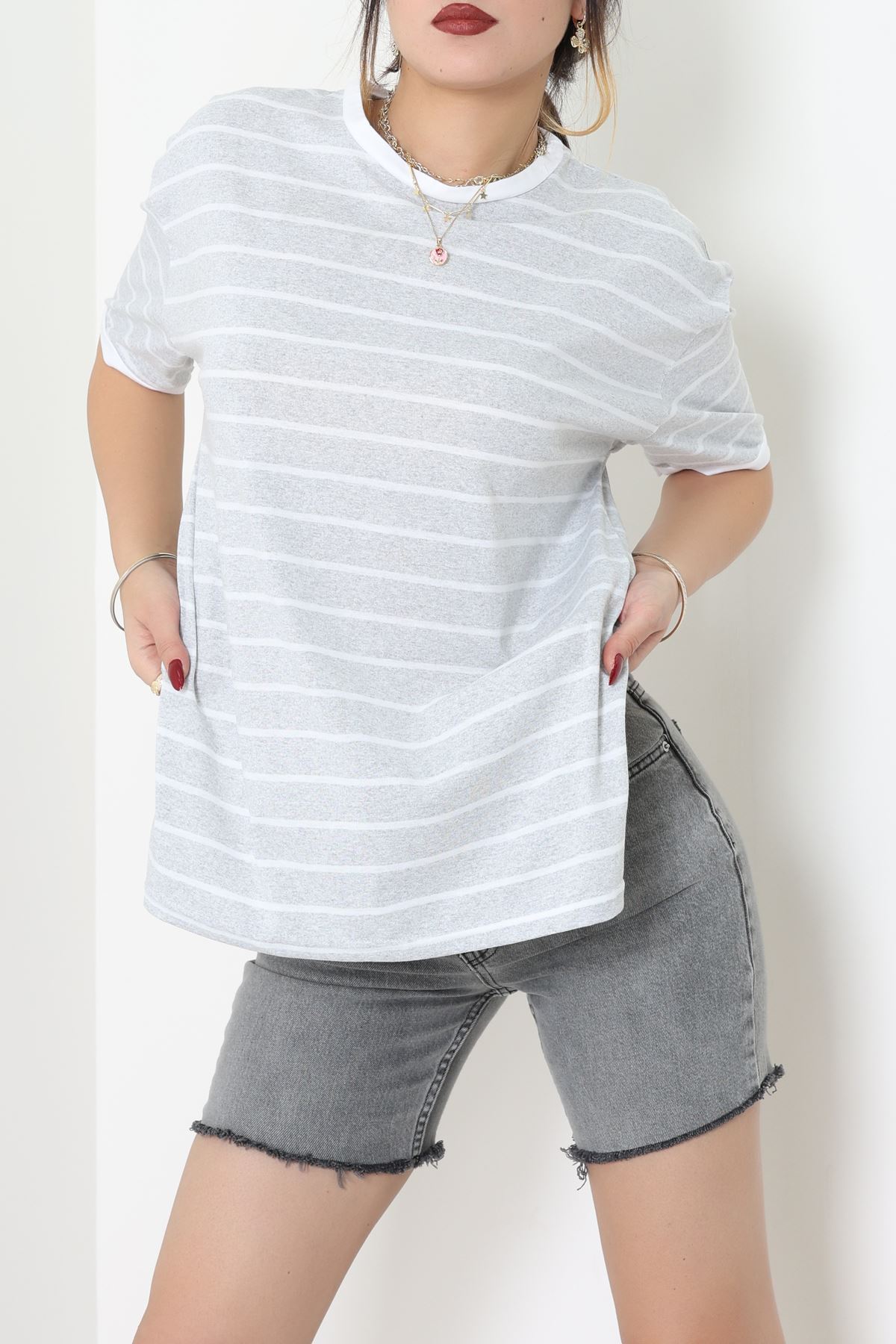 Bisiklet Yaka Çizgili Rejenere Süprem Tişört Gribeyaz - 601.1567.