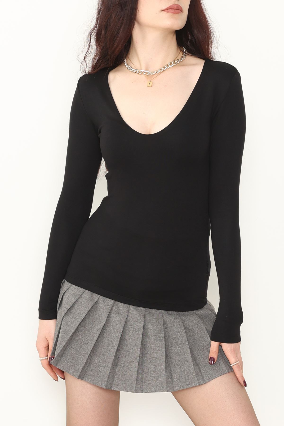 V Yaka Likralı Viskon Uzun Kollu Body Siyah - 22132.200.