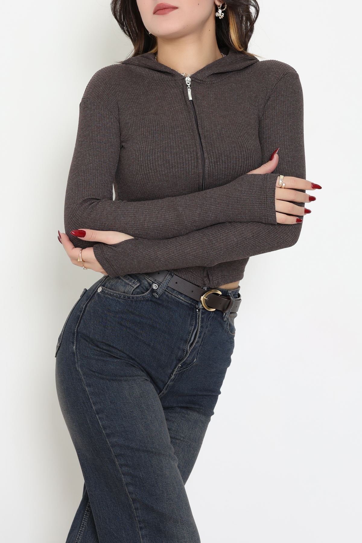 Kapşonlu Parmak Geçmeli Kaşkorse Ceket Kahve - 70769.1567.