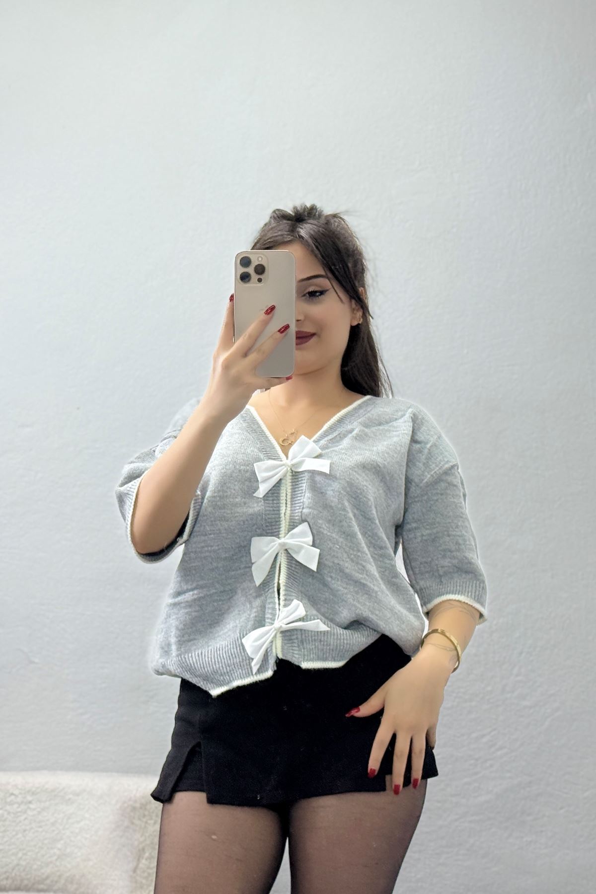 Kısa Kollu Fiyonklu Triko Gri - 2281.1765.