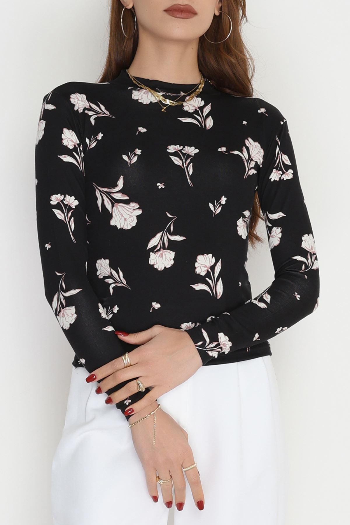 Yarım Balıkçı Yaka Likralı Ring Viskon Body Siyahpembe - 90950.1287.