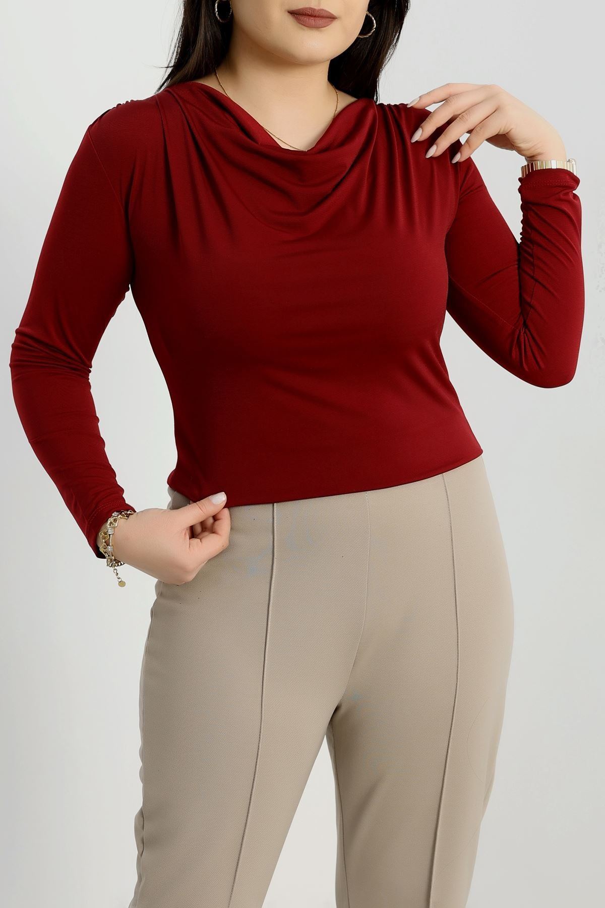 Degaje Yaka Büyük Beden Sandy Bluz Bordo - 70770.1949.