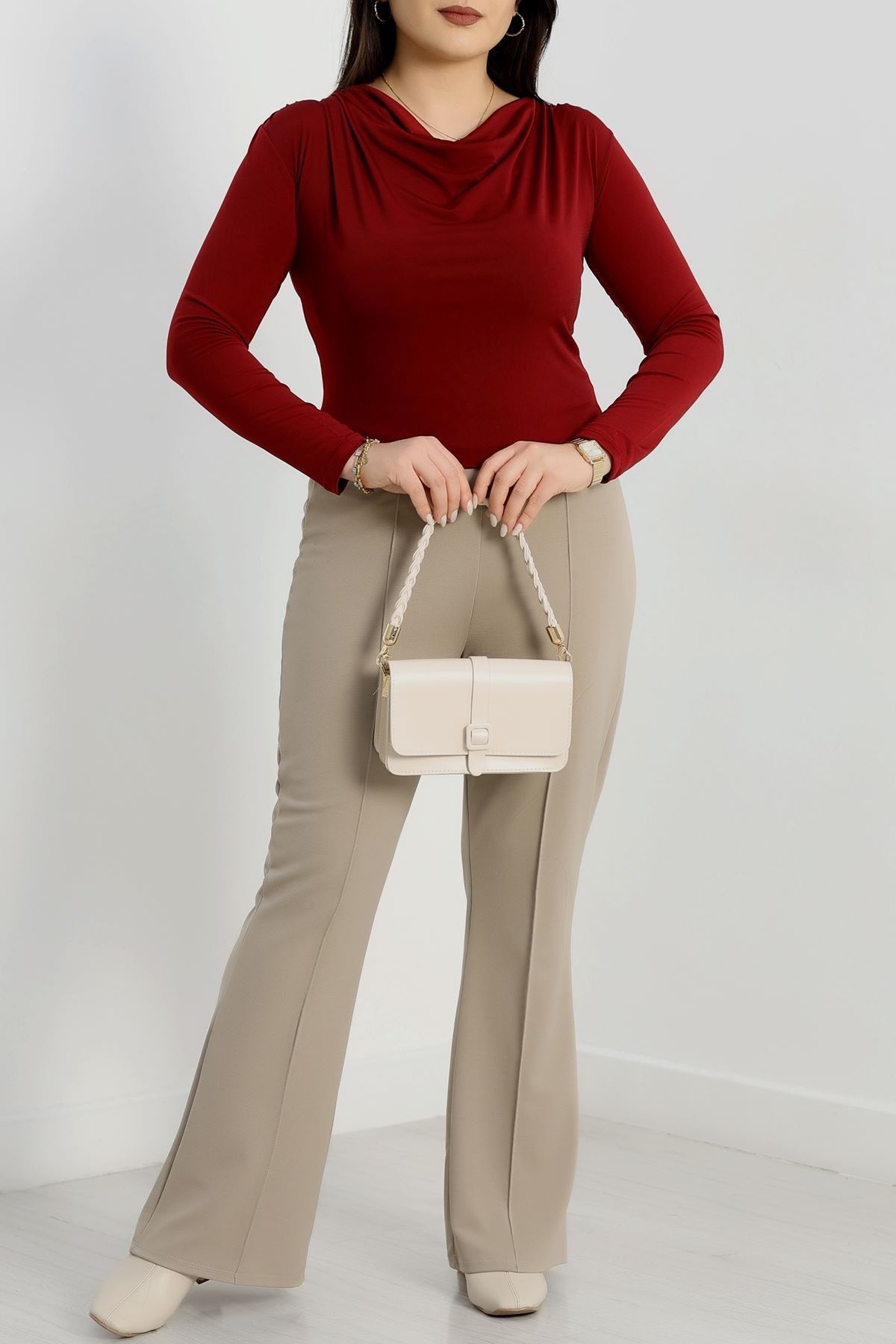 Degaje Yaka Büyük Beden Sandy Bluz Bordo - 70770.1949.